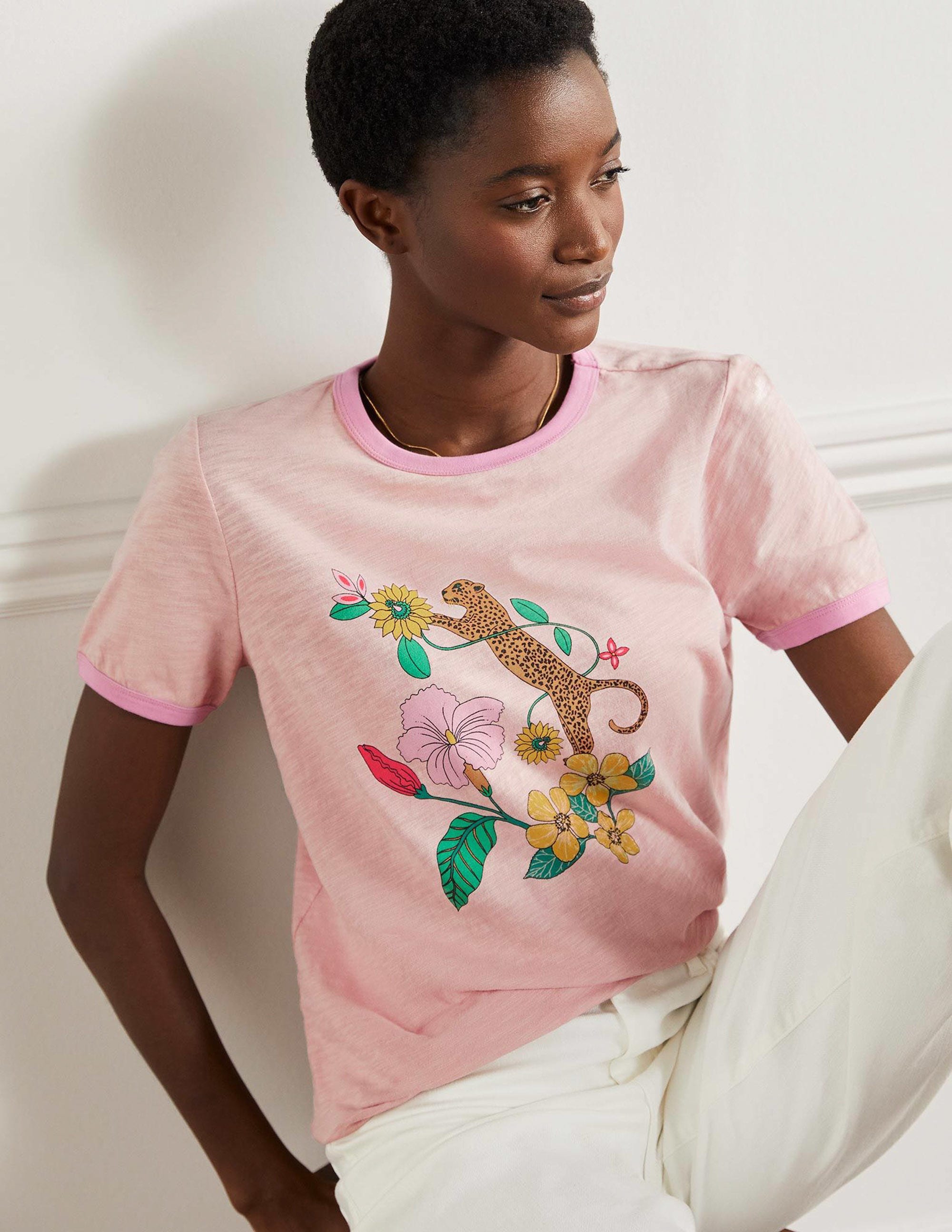 T-shirt en coton contrastant à bordures côtelées-Milkshake, motif Exotic Paradise - Image 5