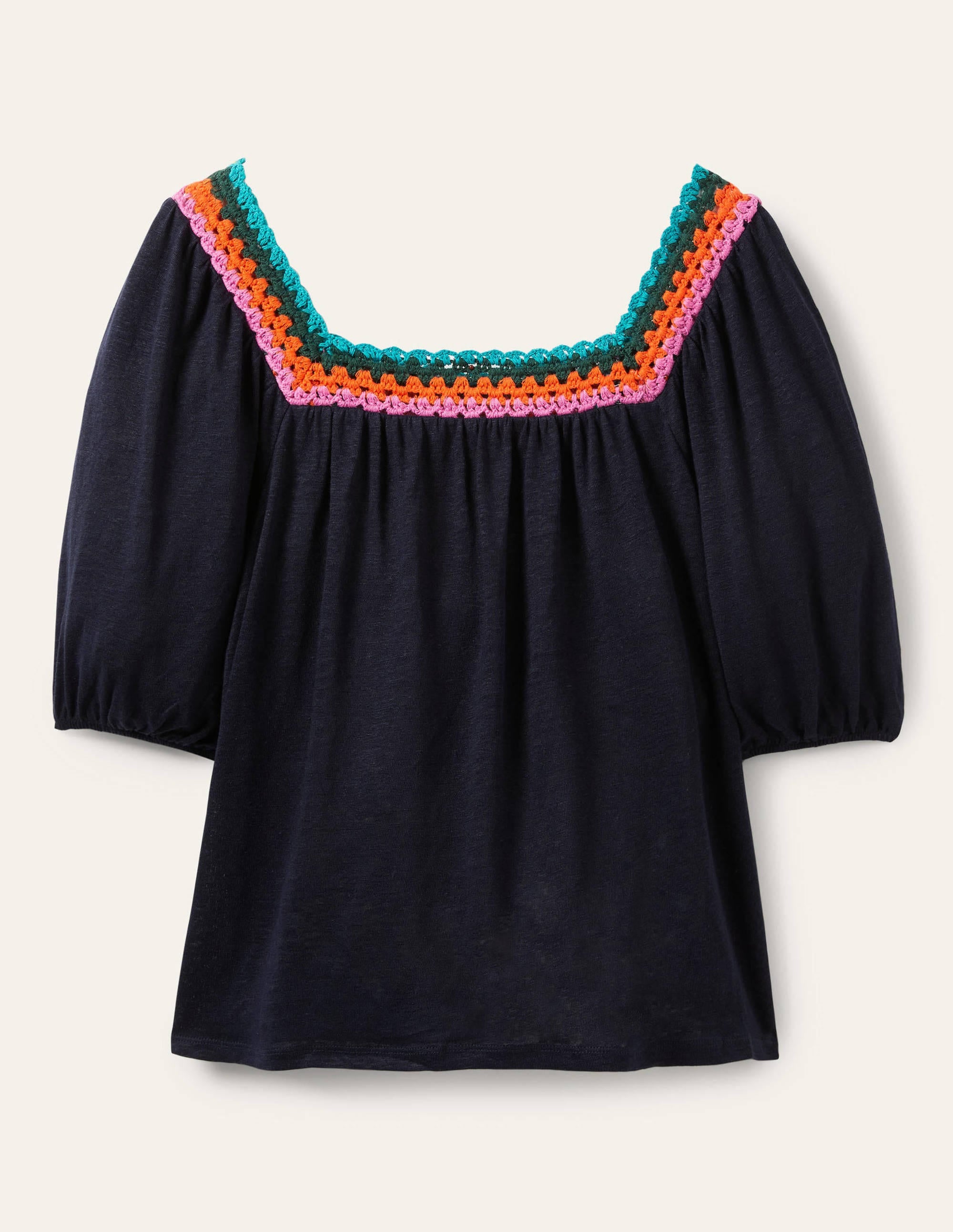 Top à manches bouffantes et détail crocheté-Bleu marine - Image 5