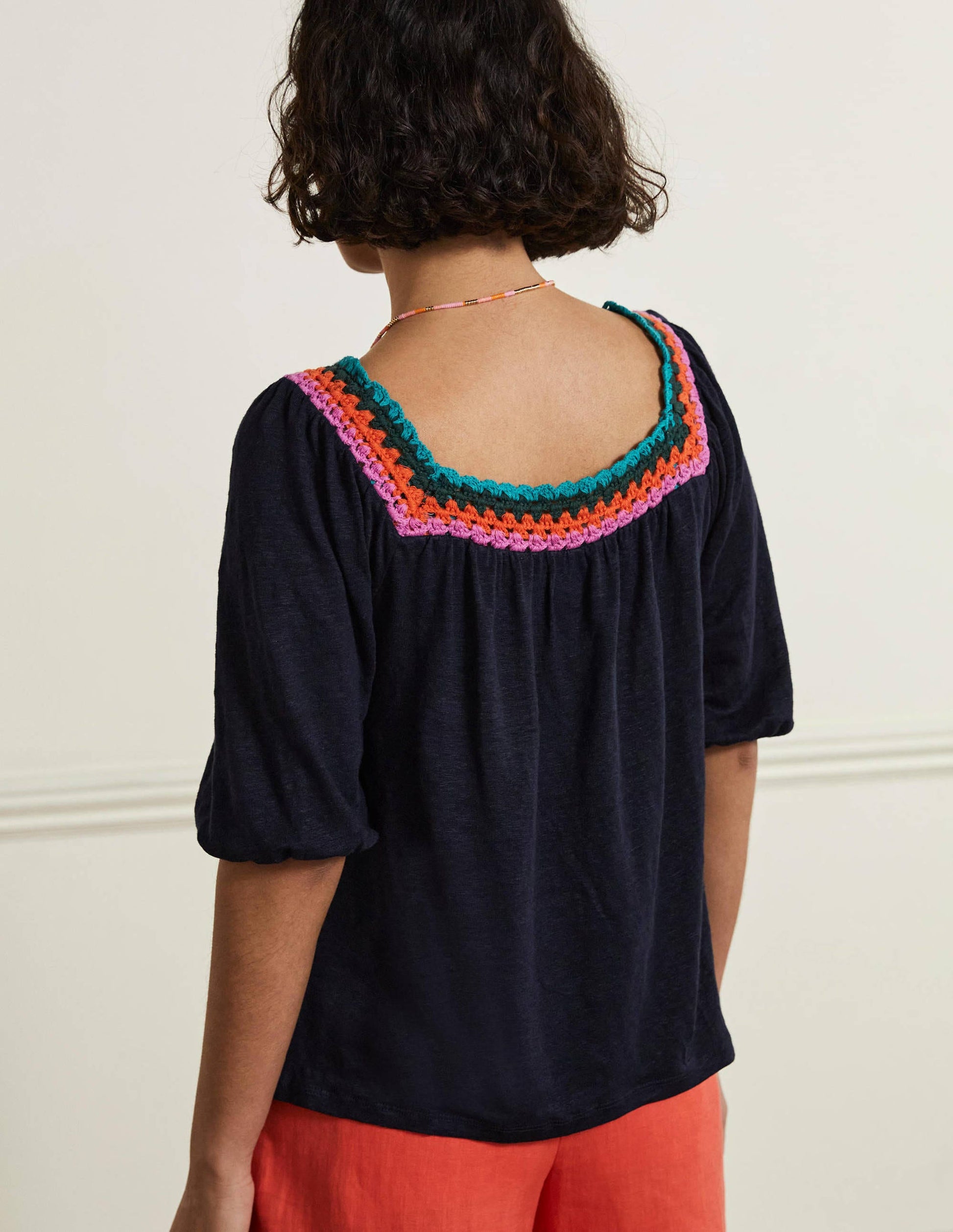 Top à manches bouffantes et détail crocheté-Bleu marine-3