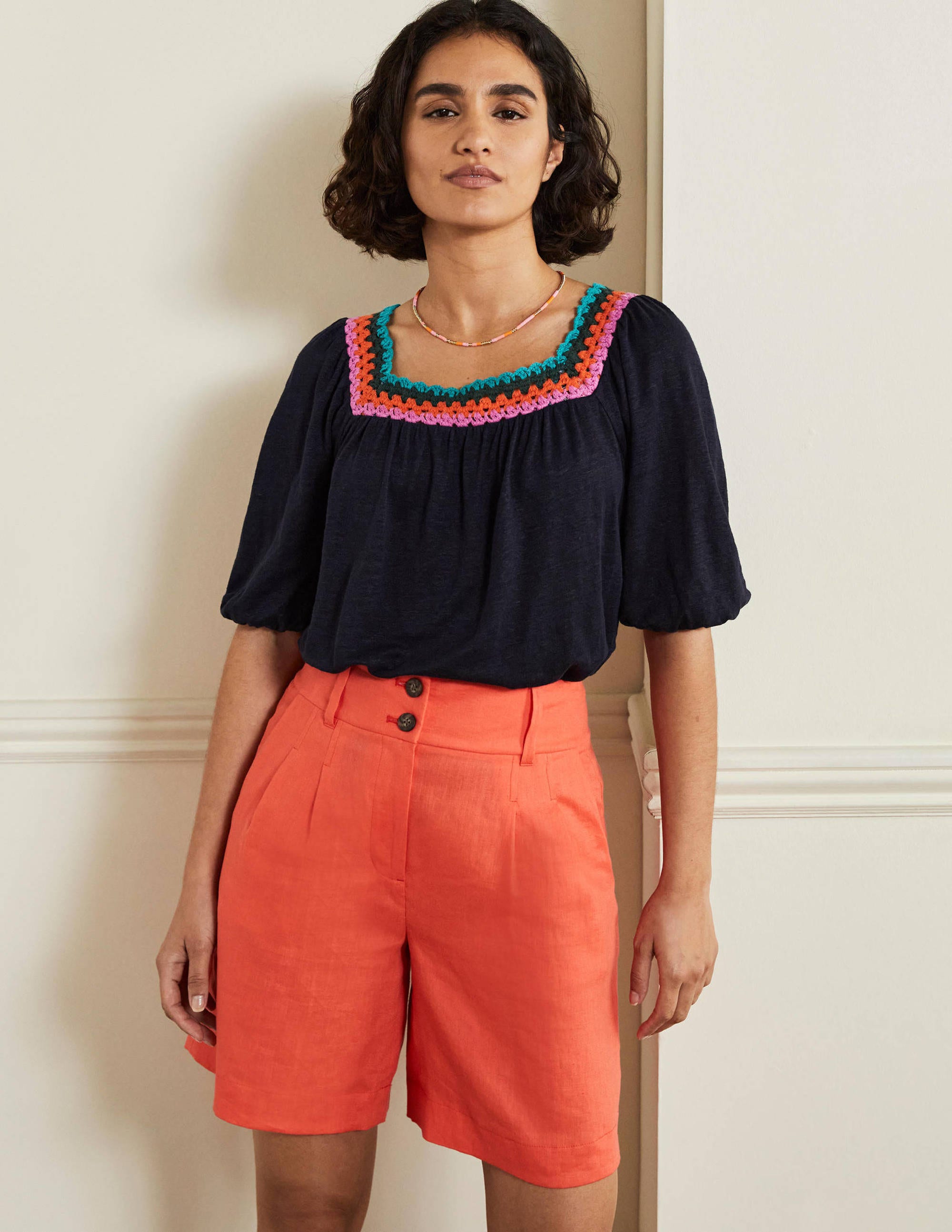 Top à manches bouffantes et détail crocheté-Bleu marine - Image 4