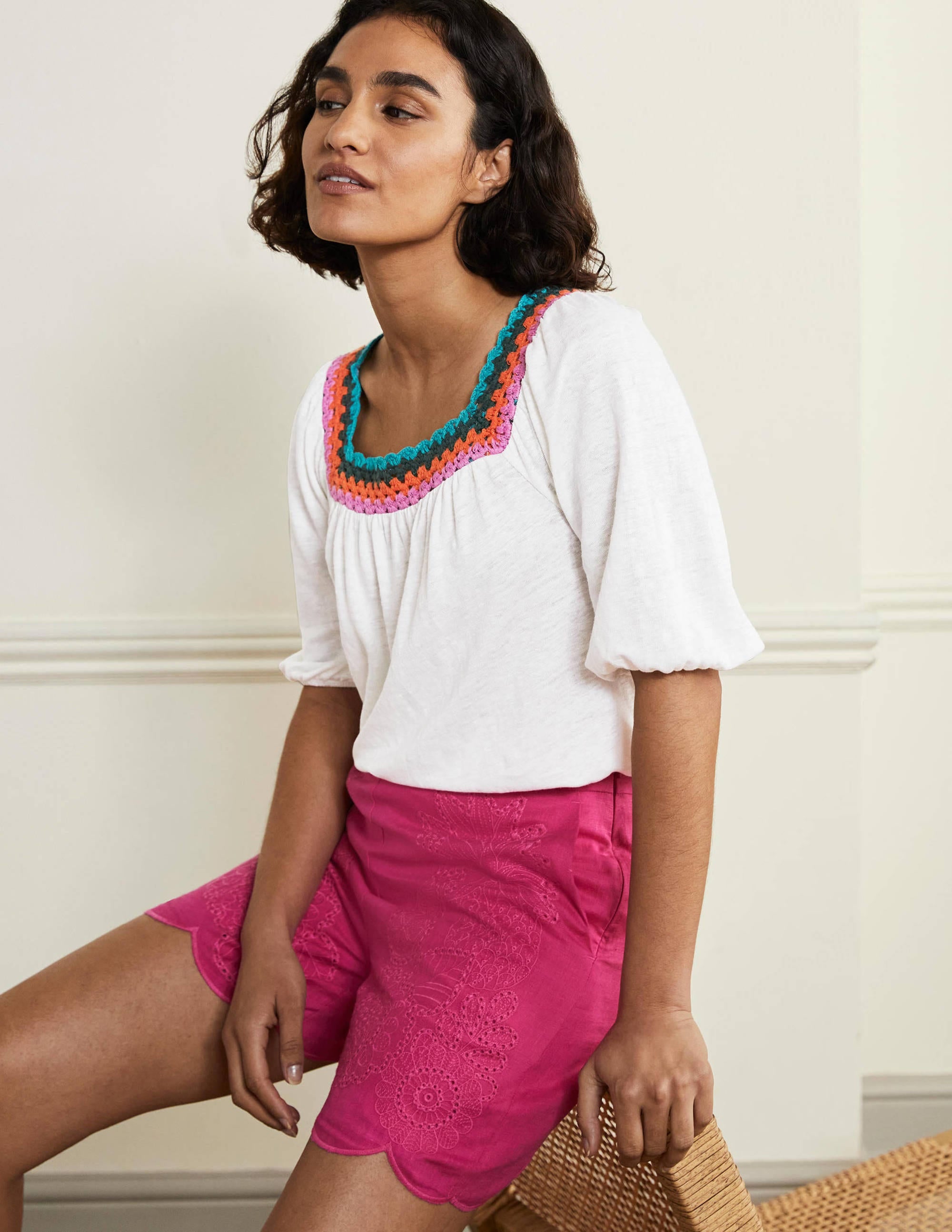 Top à manches bouffantes et détail crocheté-Blanc - Image 1