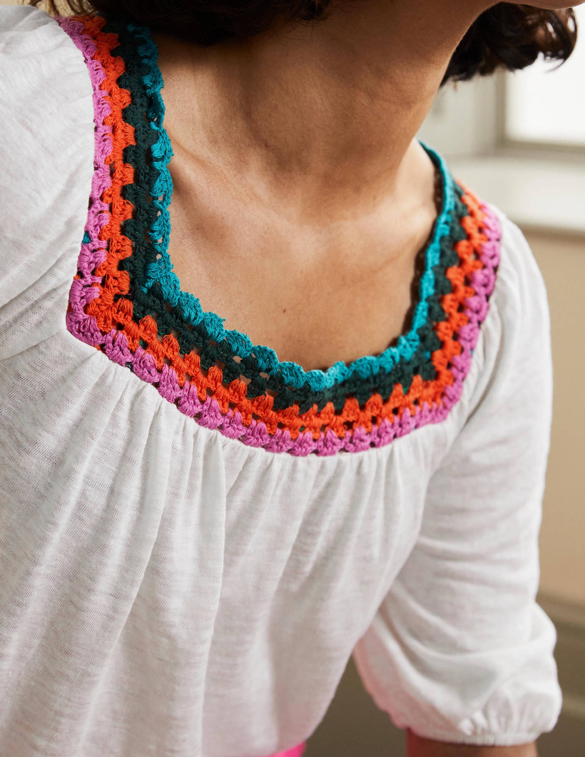 Top à manches bouffantes et détail crocheté-Blanc - Image 2