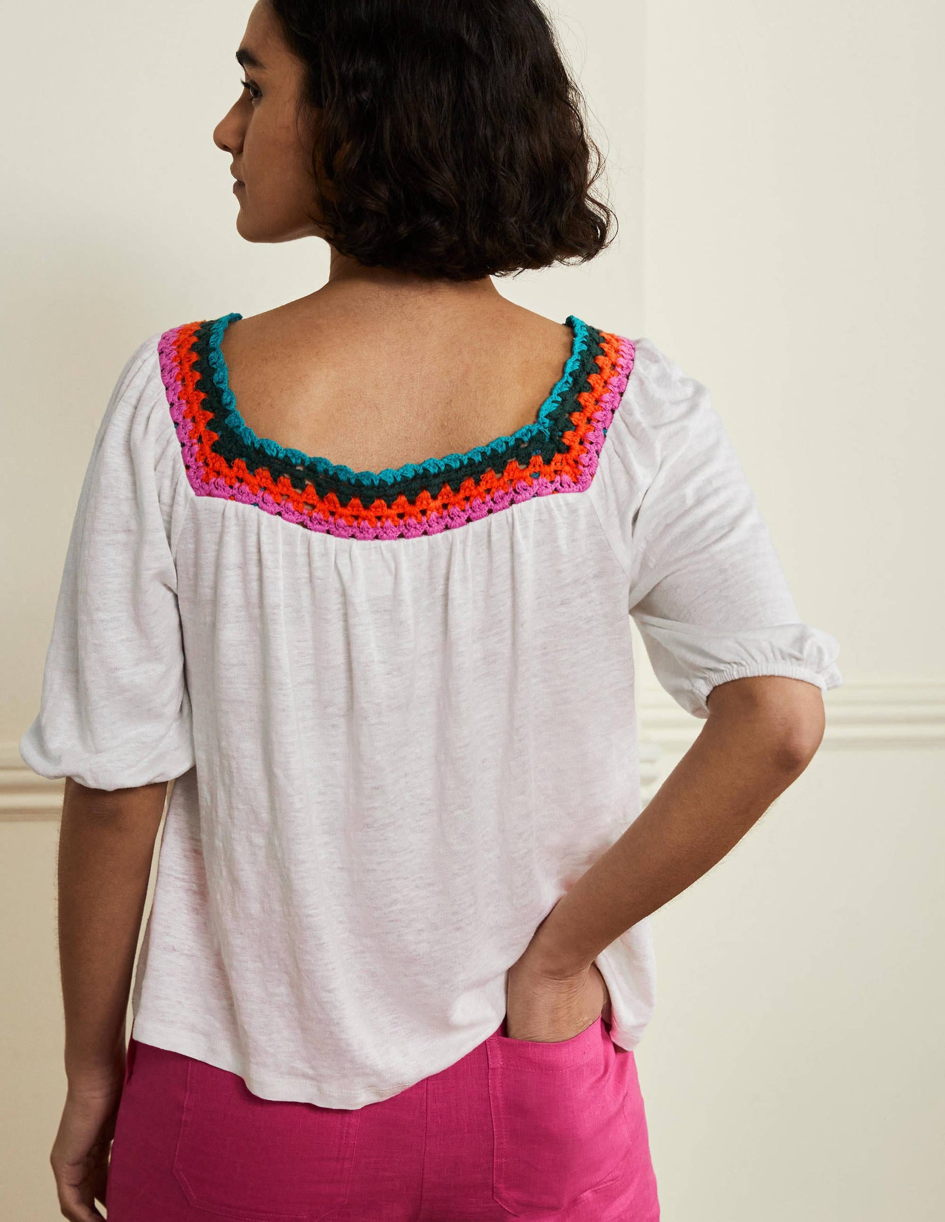 Top à manches bouffantes et détail crocheté-Blanc-3