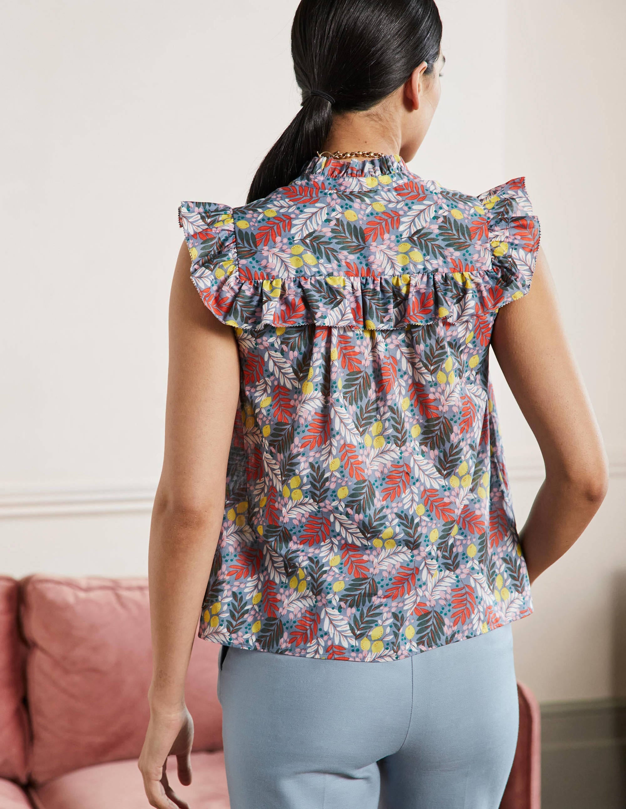 Sleeveless Ruffle Top-Mountain Spring, Lemon Foliage - Image 3