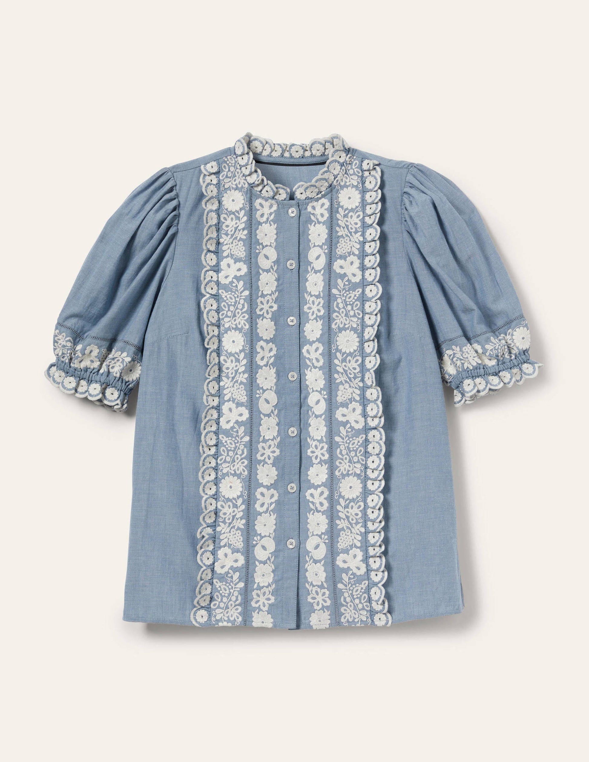 Embroidered Short Sleeve Shirt-Chambray-6