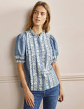 Embroidered Short Sleeve Shirt-Chambray
