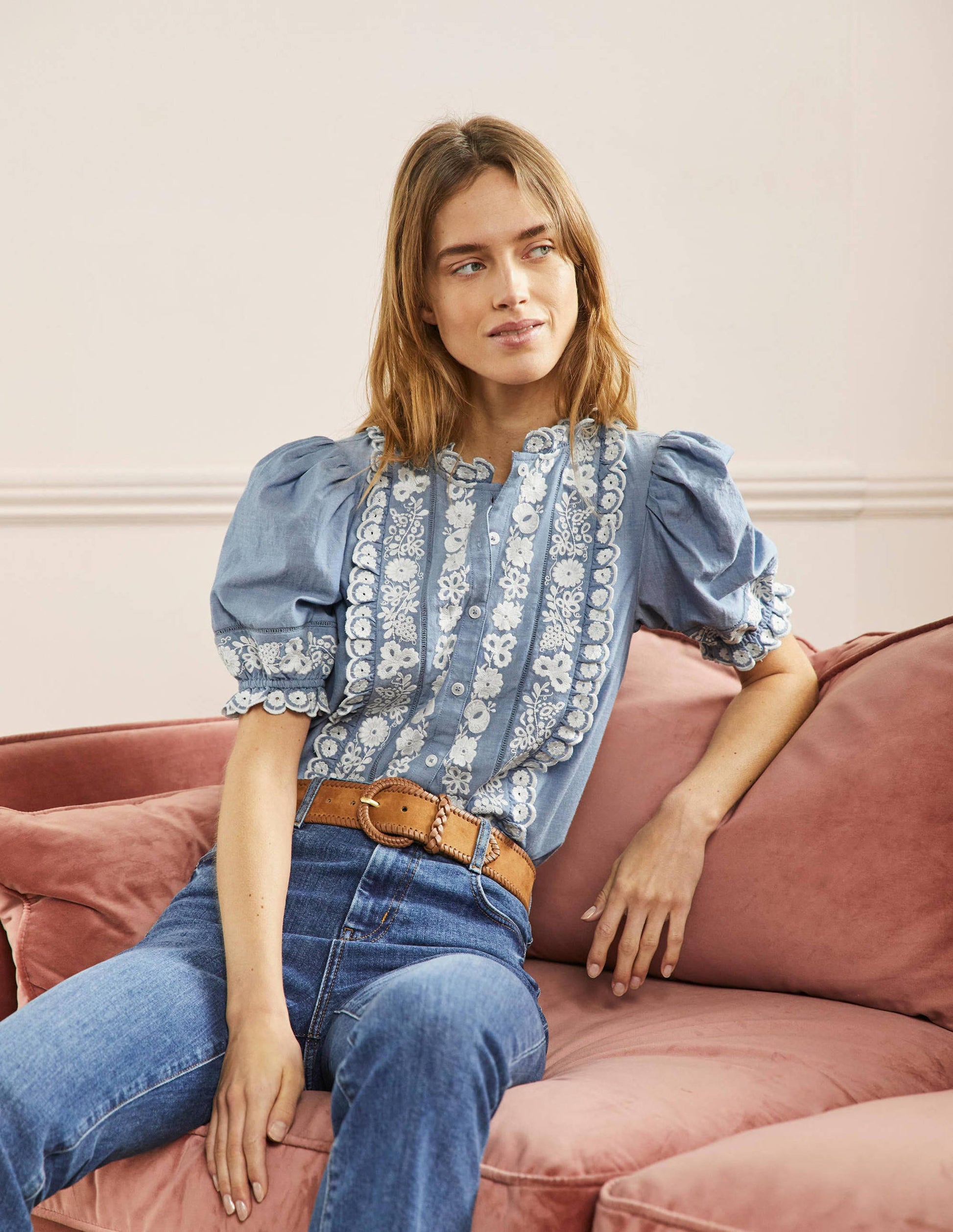Embroidered Short Sleeve Shirt-Chambray-4