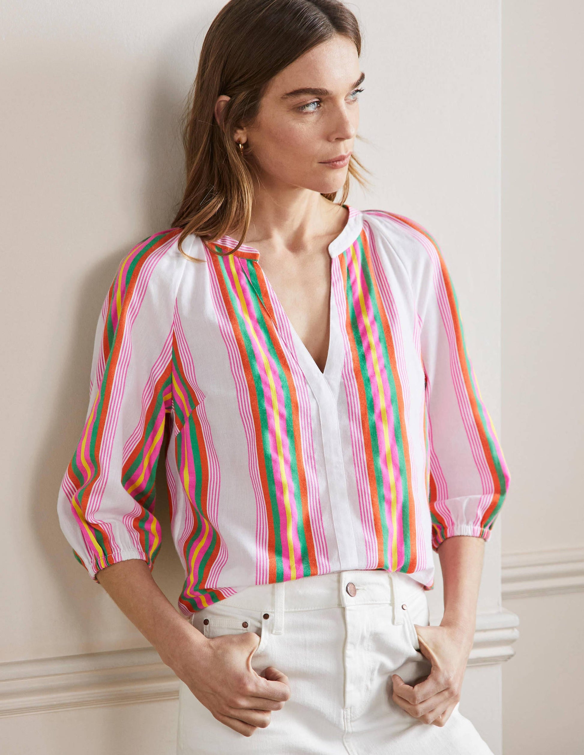 Louise Mid Sleeve Popover-Tropical Woven Rainbow Stripe-1