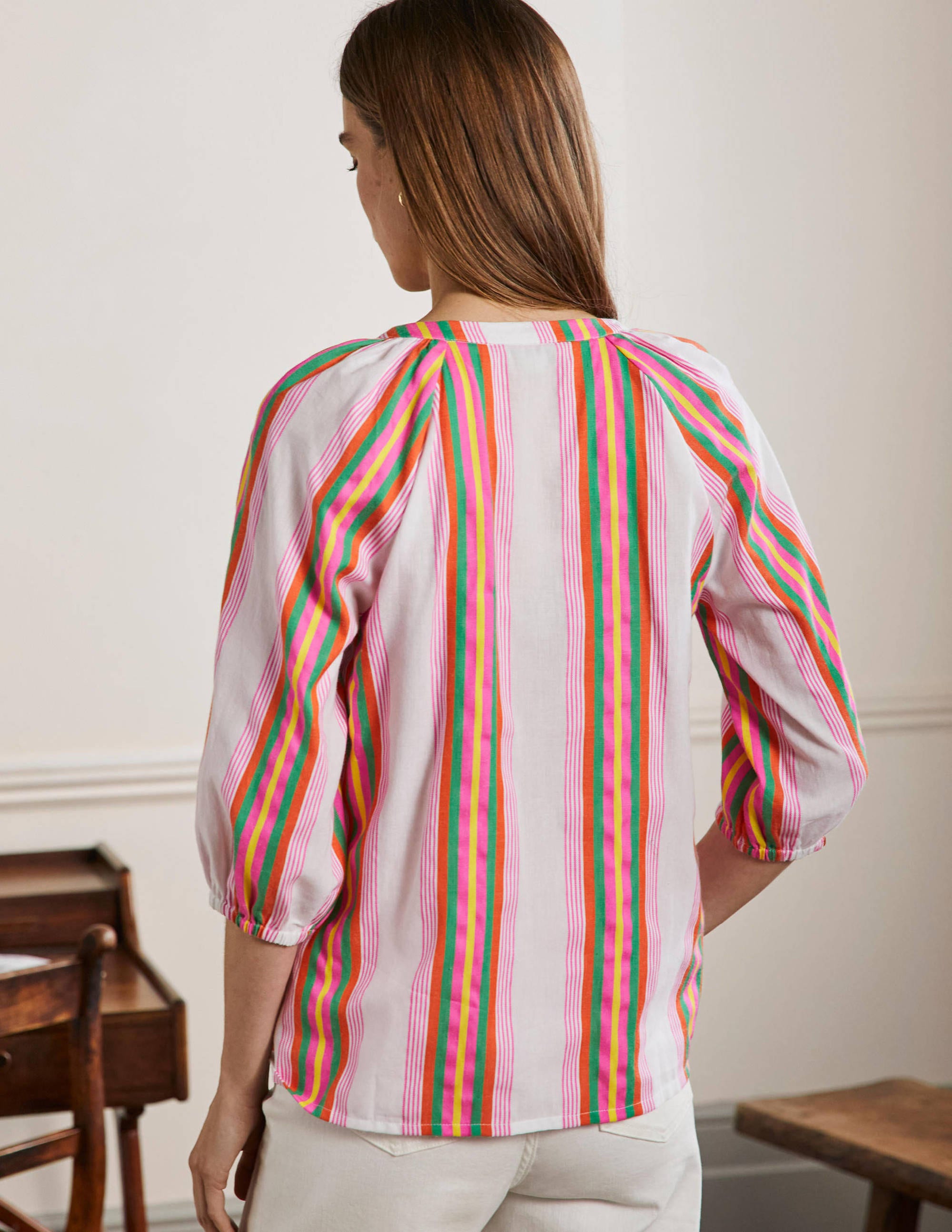 Louise Mid Sleeve Popover-Tropical Woven Rainbow Stripe - Image 3