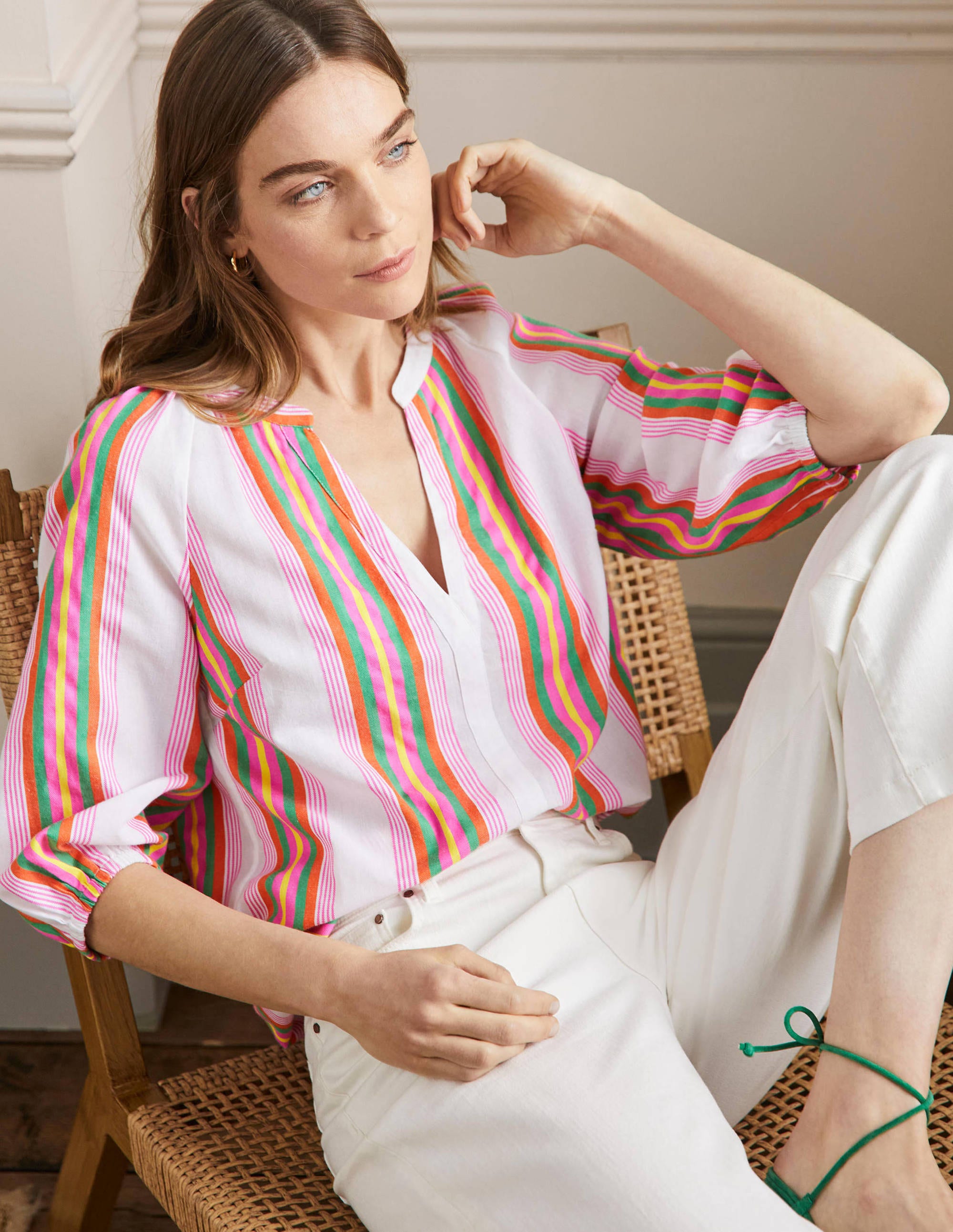 Louise Mid Sleeve Popover-Tropical Woven Rainbow Stripe - Image 4