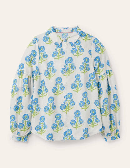 Anna Leinenhemd mit Blousonärmeln-Bahamasblau, Blumen