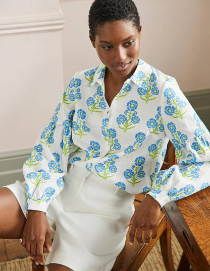 Anna Leinenhemd mit Blousonärmeln-Bahamasblau, Blumen