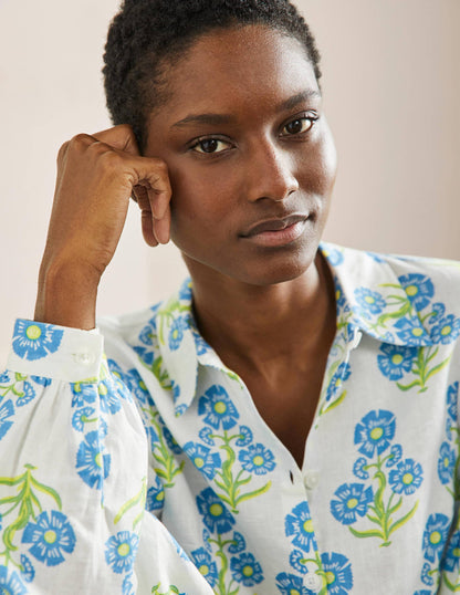 Anna Leinenhemd mit Blousonärmeln-Bahamasblau, Blumen
