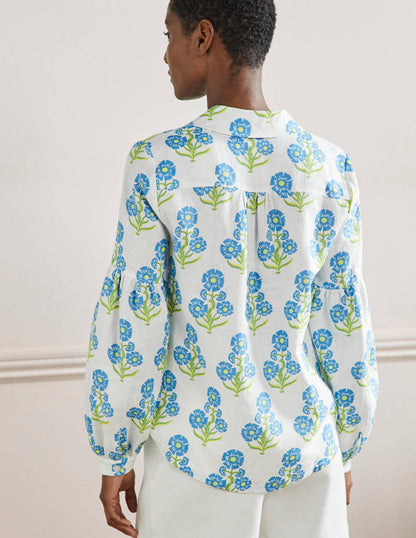 Anna Leinenhemd mit Blousonärmeln-Bahamasblau, Blumen
