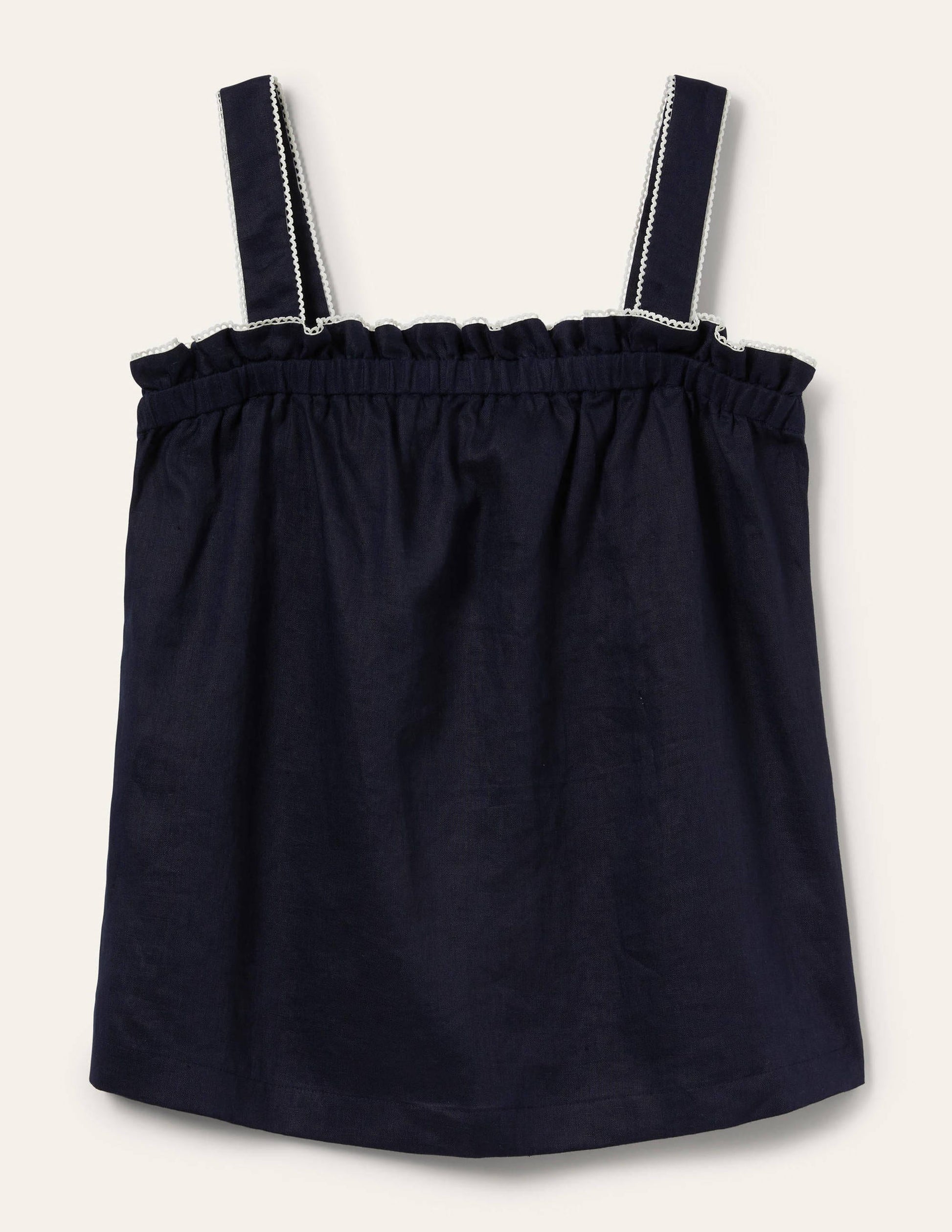 Ruffle Detail Linen Top-Navy-5
