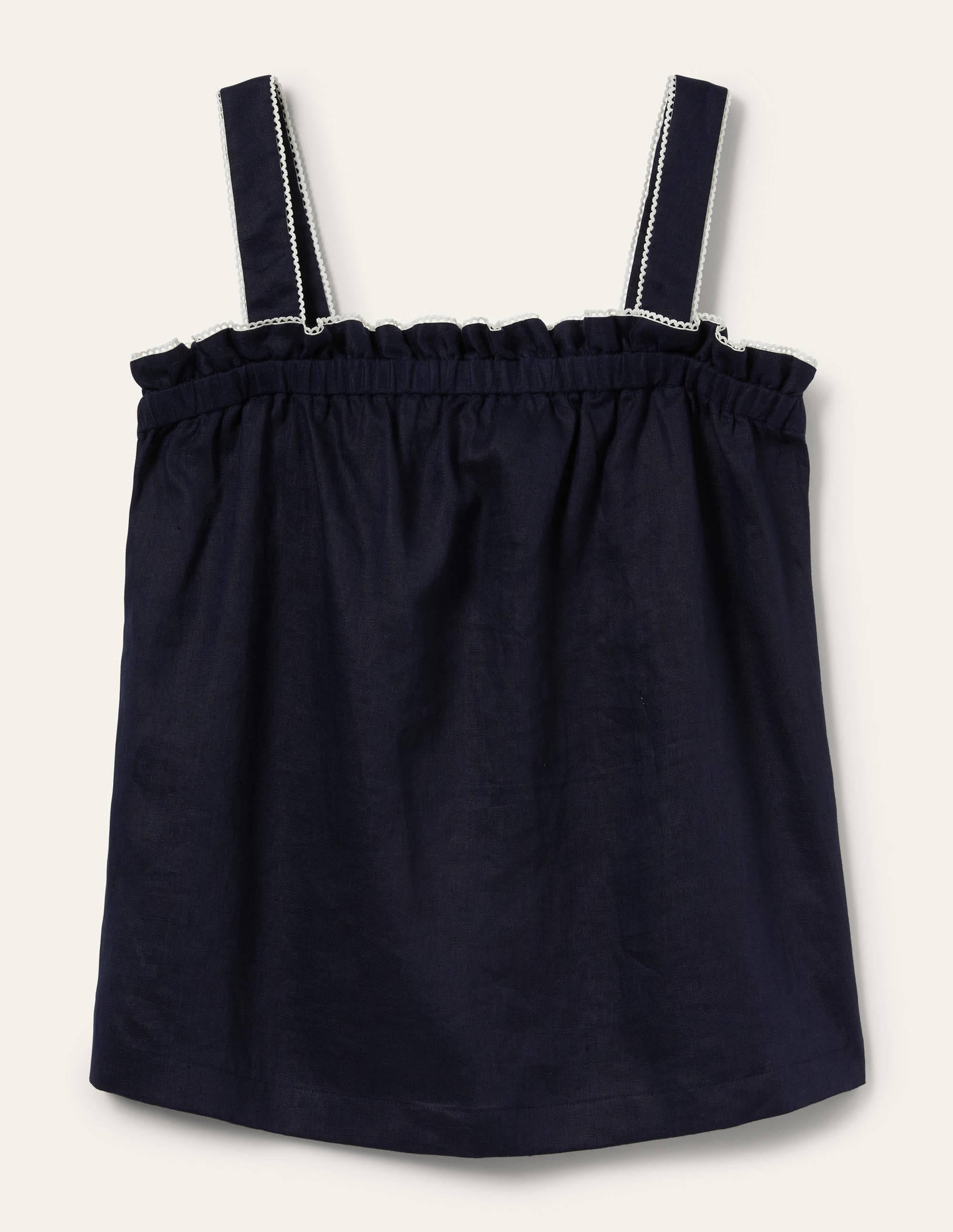 Ruffle Detail Linen Top-Navy - Image 5