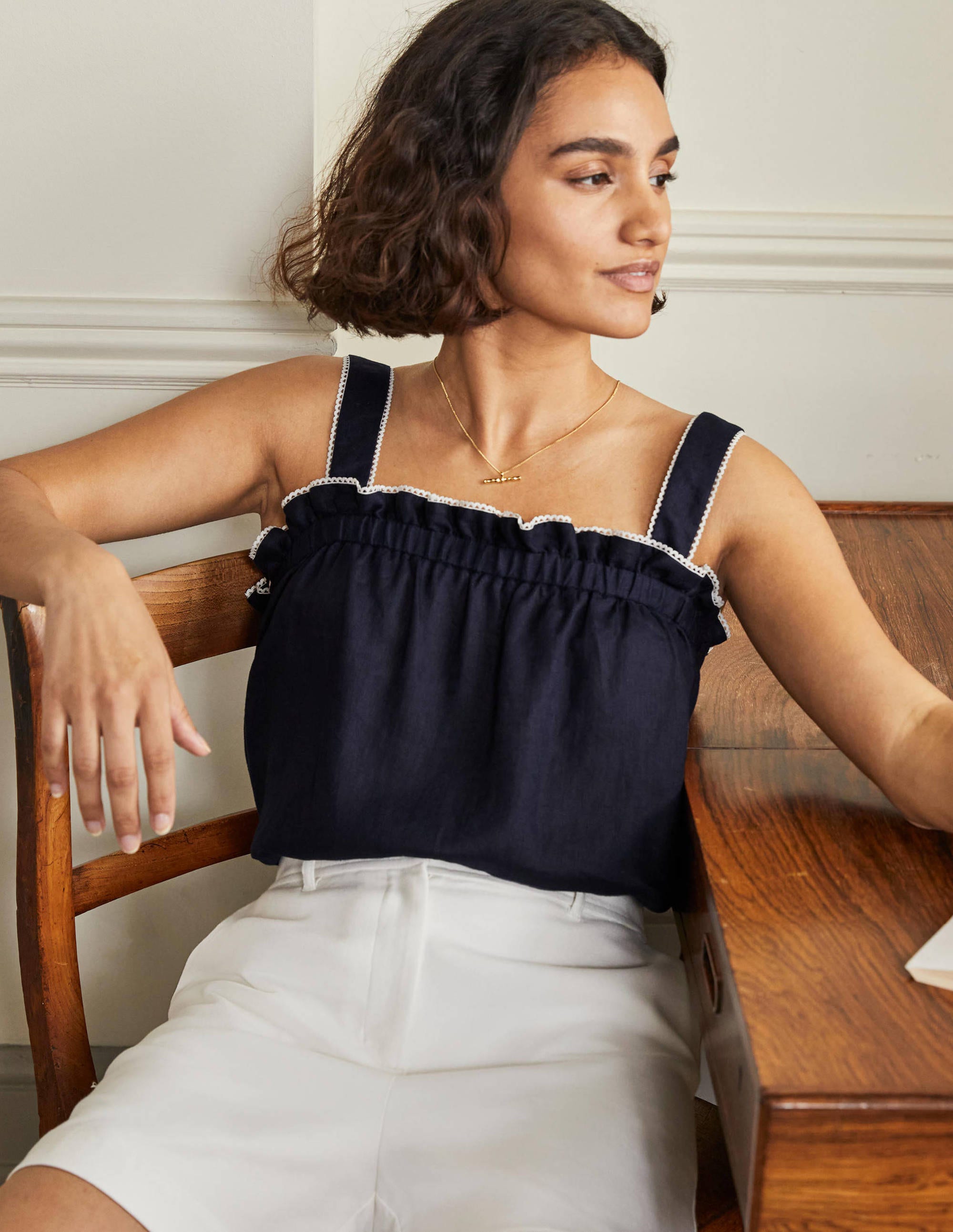 Ruffle Detail Linen Top-Navy - Image 1