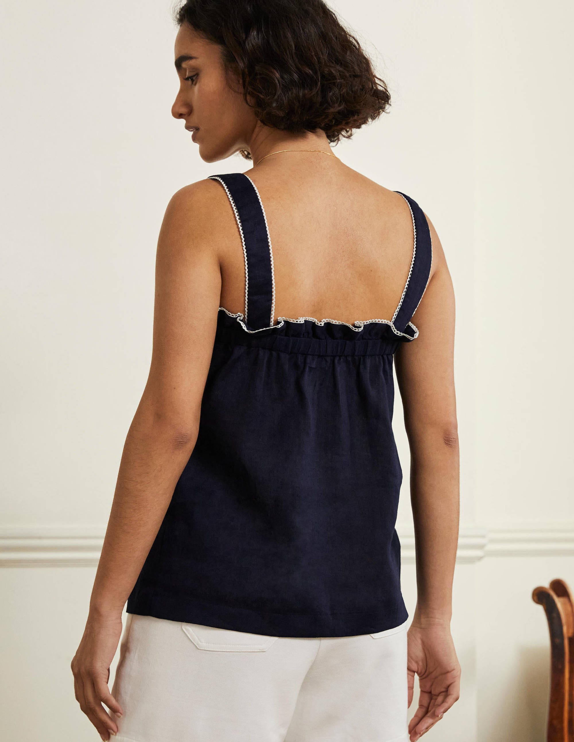 Ruffle Detail Linen Top-Navy - Image 3