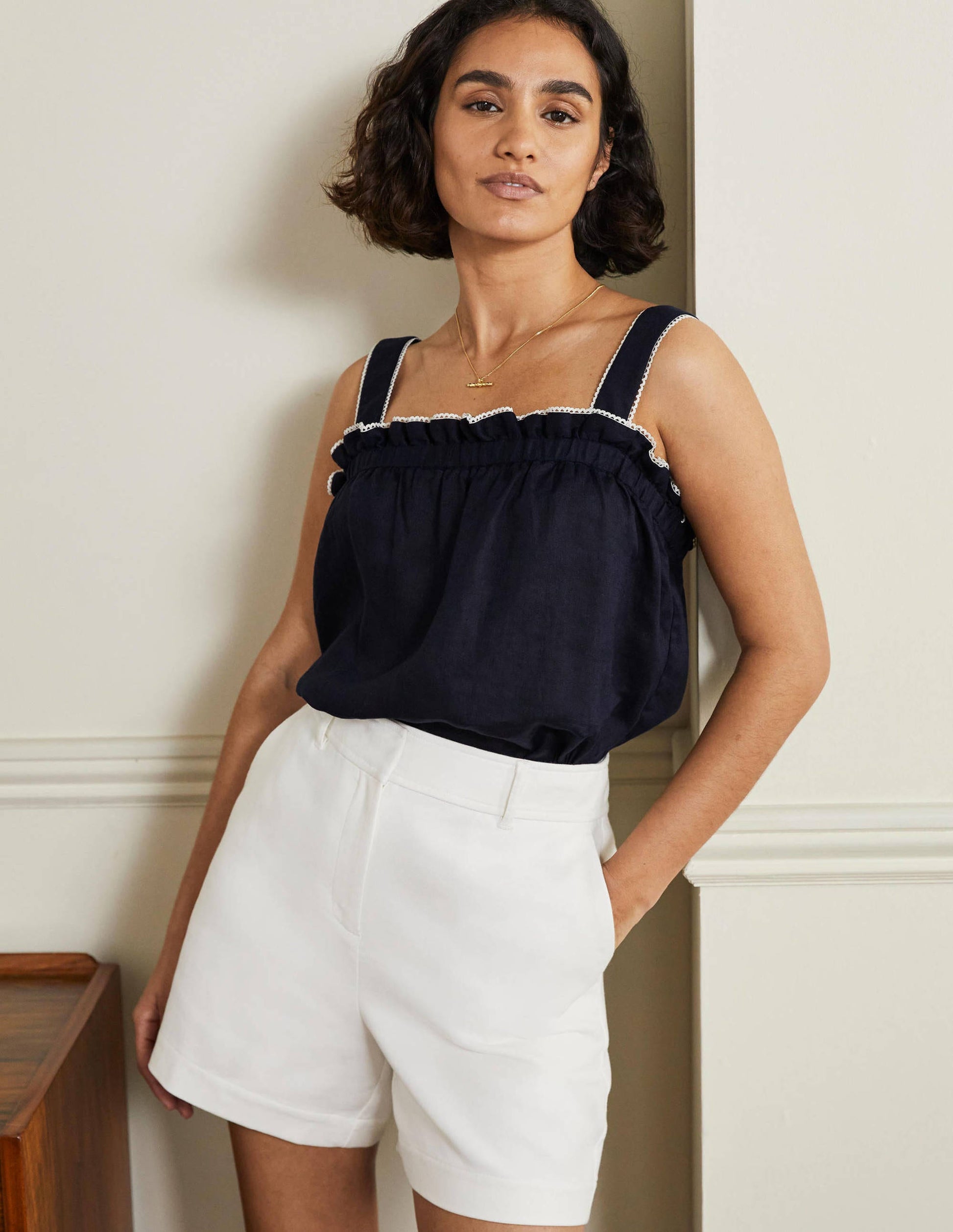 Ruffle Detail Linen Top-Navy-4