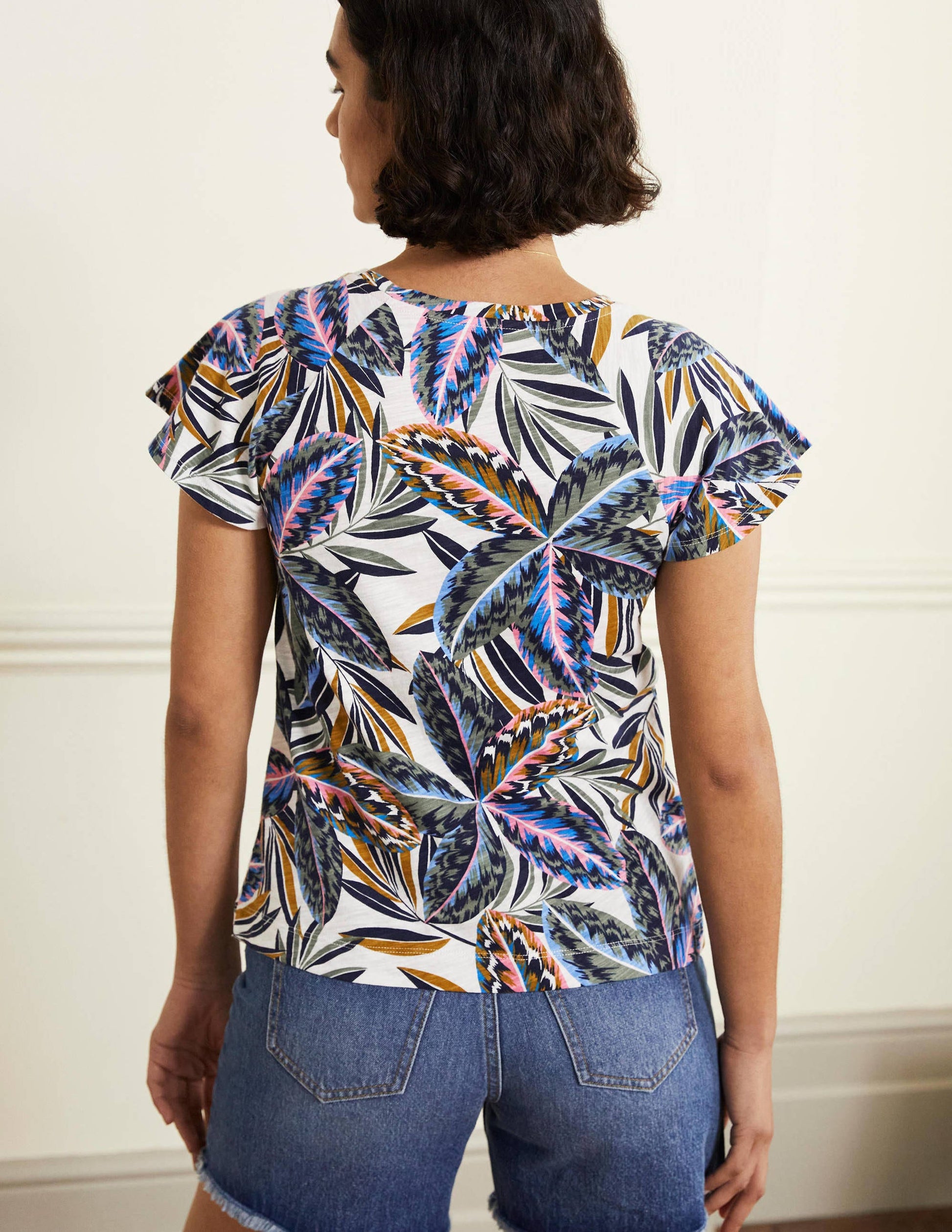 T-shirt col U à manches aériennes-Multi, motif Exotic Leaves-3