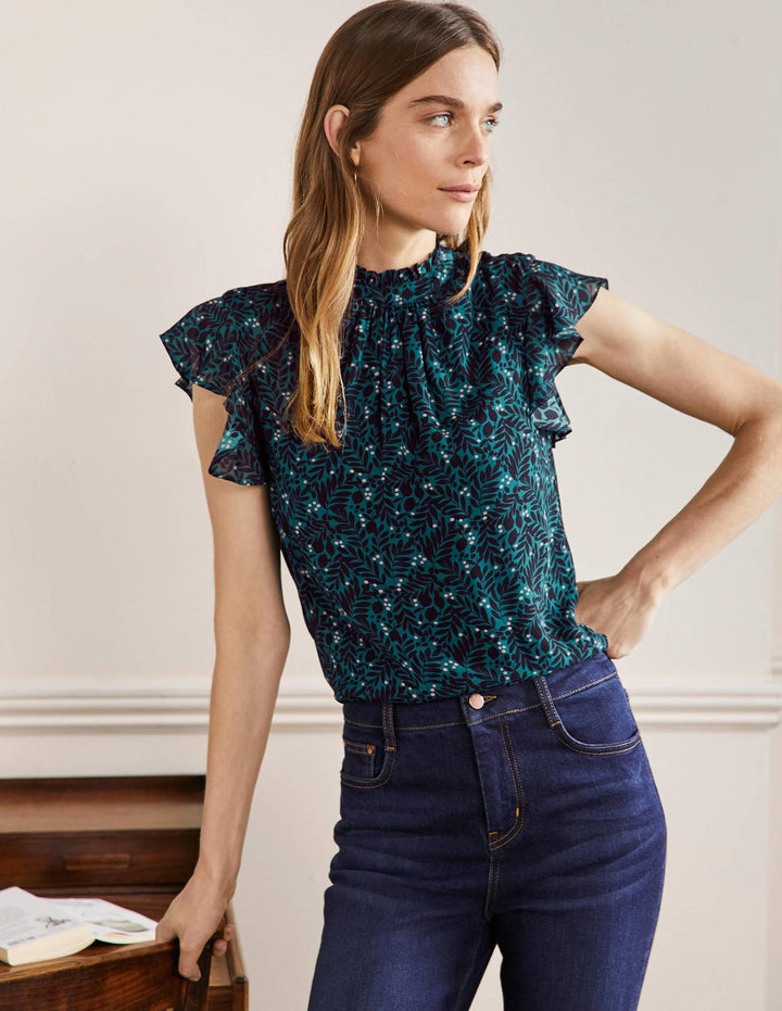 High Neck Sleeveless Top-Black, Lemon Foliage