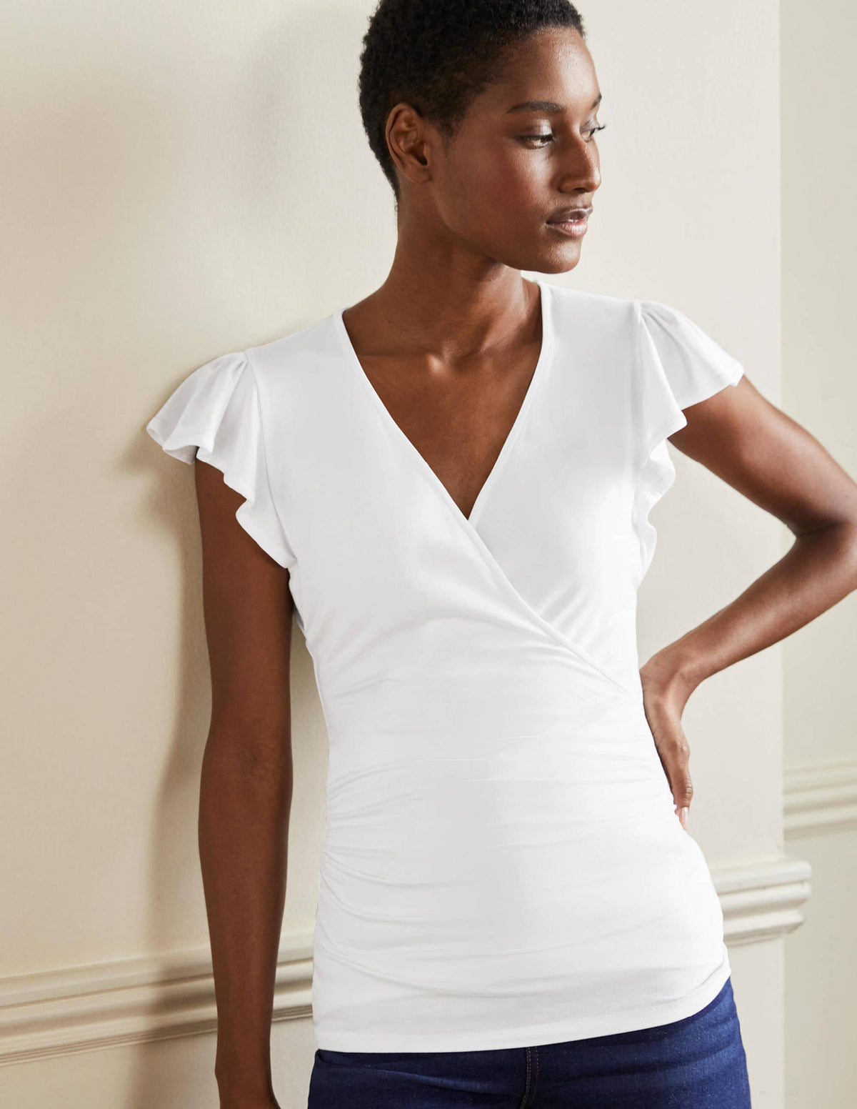 Flutter Sleeve Wrap Top-White-4