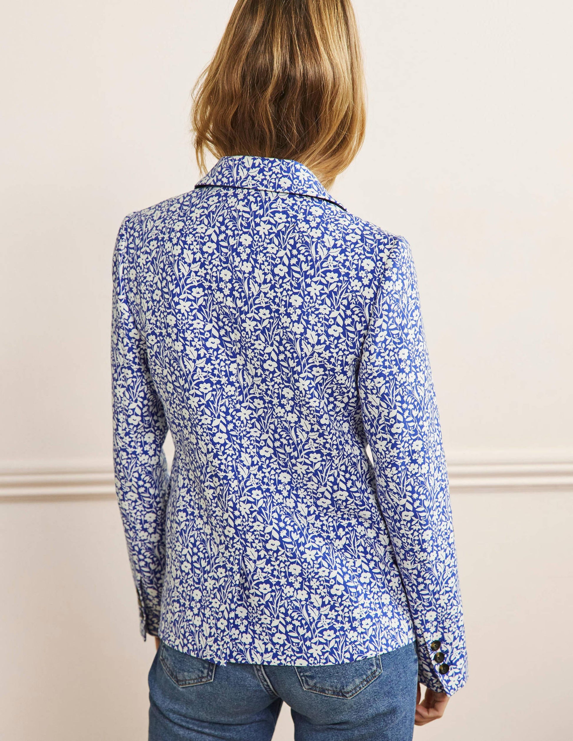 Carrie Strukturierter Baumwollblazer-Meeresblau/Naturweiß, Wildblumen-3