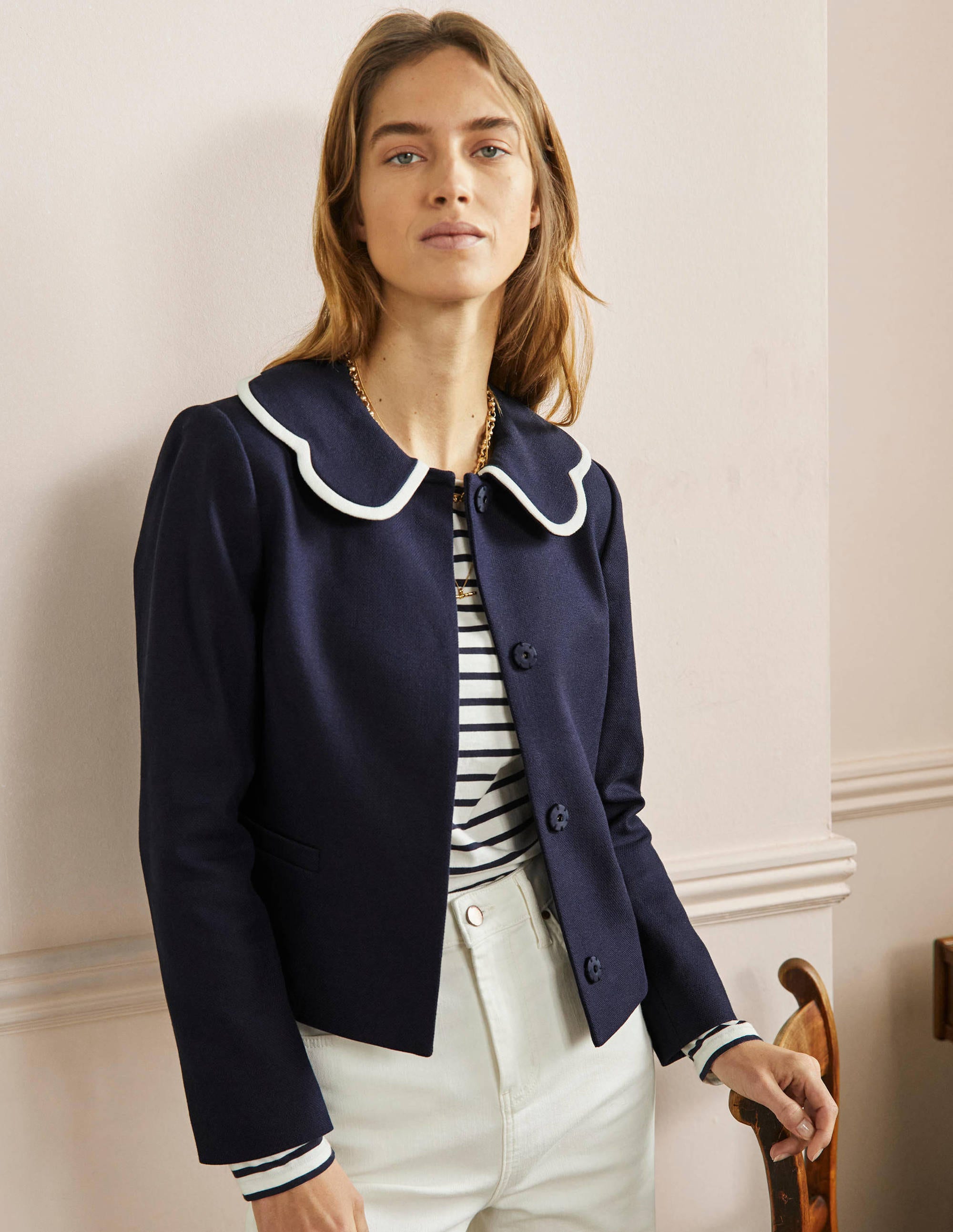 Veste à col festonné-Bleu marine - Image 1