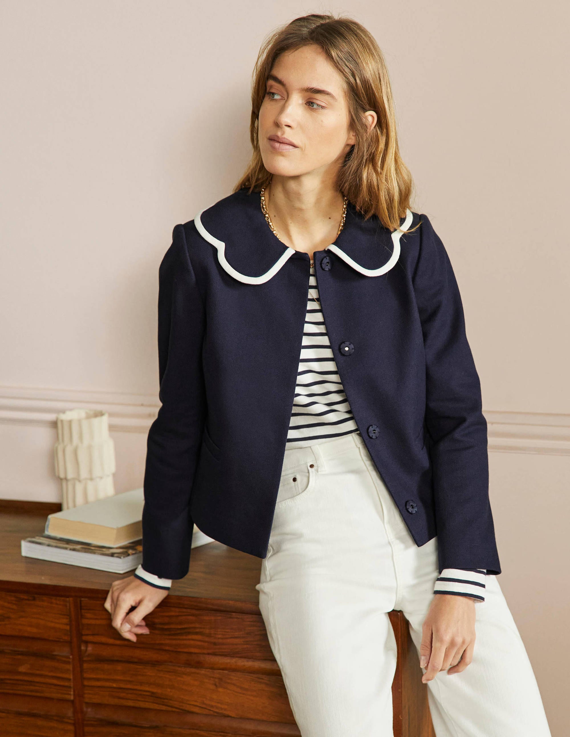 Veste à col festonné-Bleu marine - Image 4