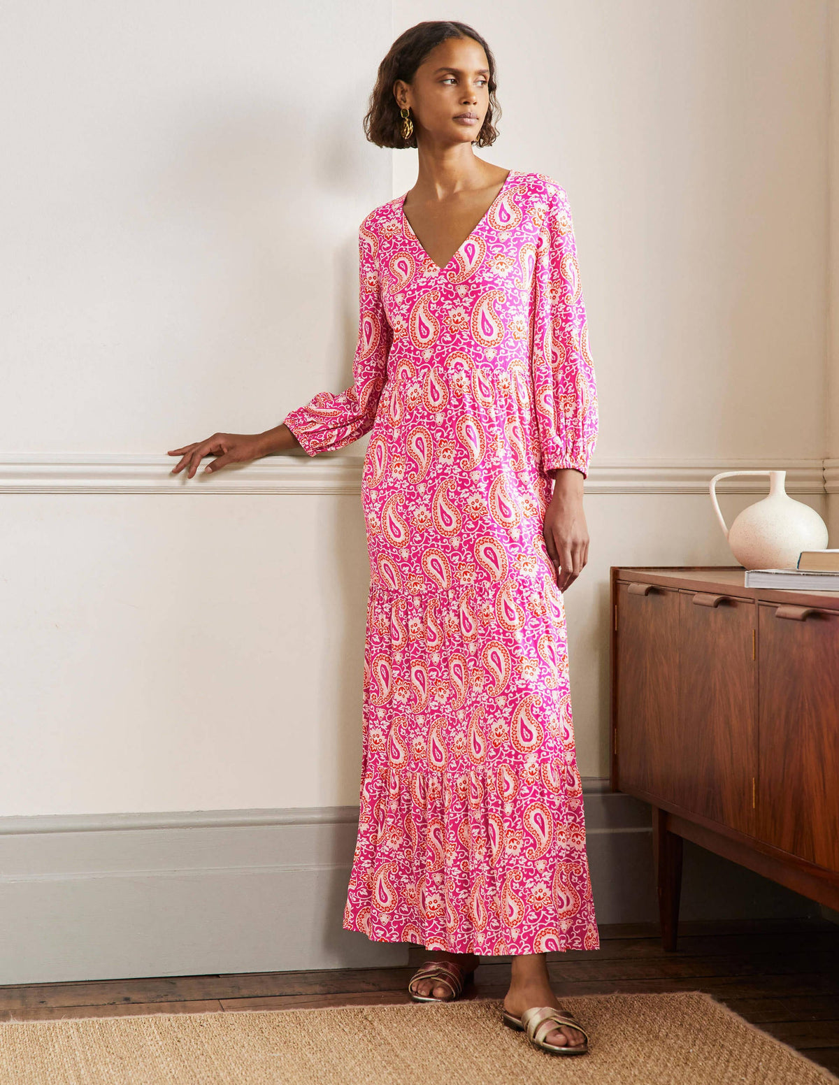 Maxikleid mit Blousonärmeln-Knalliges Stiefmütterchen, Bezauberndes Paisleymuster-1