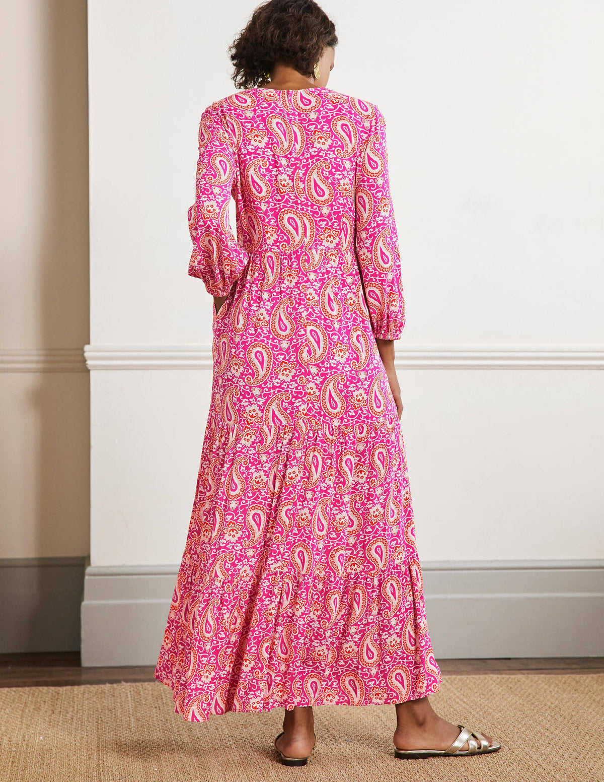 Maxikleid mit Blousonärmeln-Knalliges Stiefmütterchen, Bezauberndes Paisleymuster-3