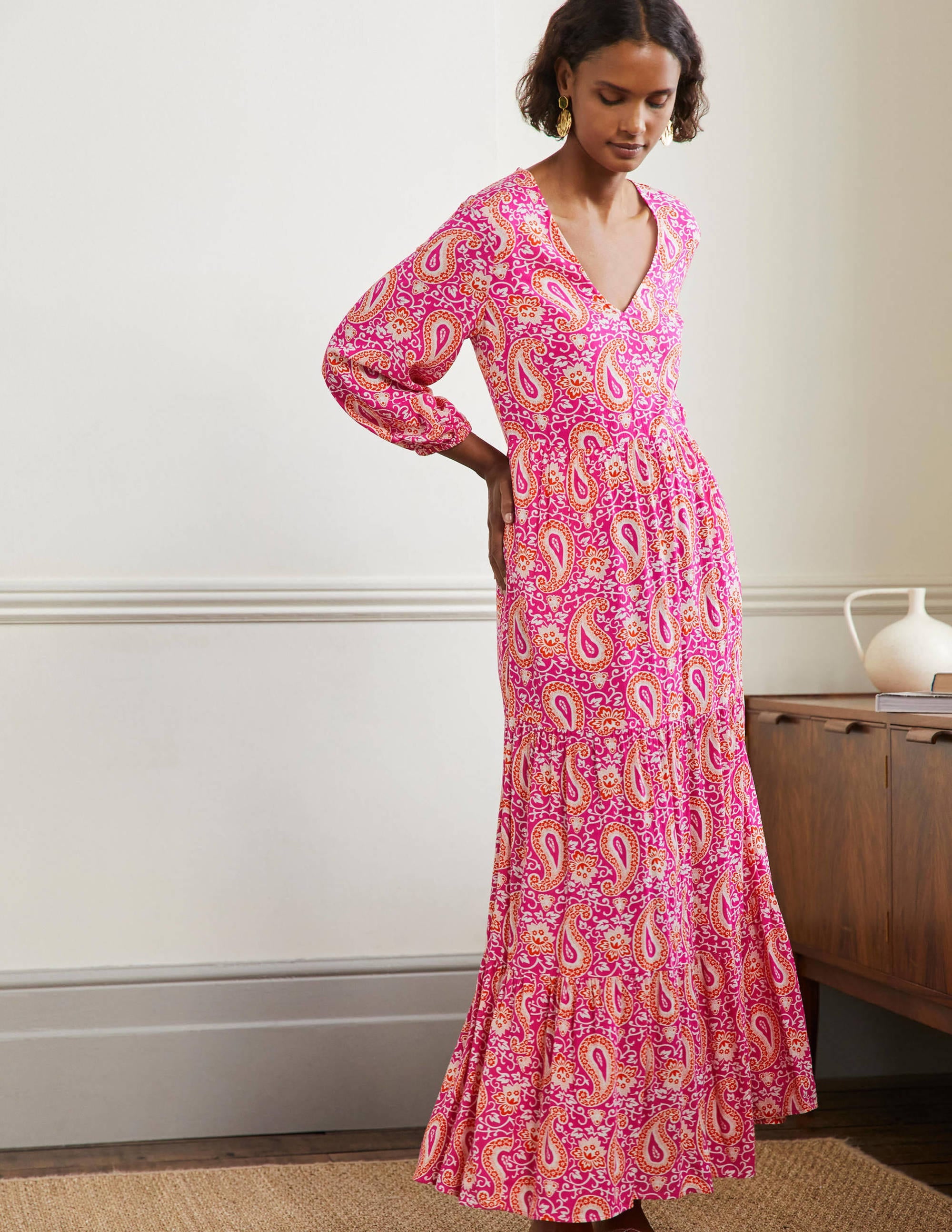 Maxikleid mit Blousonärmeln-Knalliges Stiefmütterchen, Bezauberndes Paisleymuster - Image 4