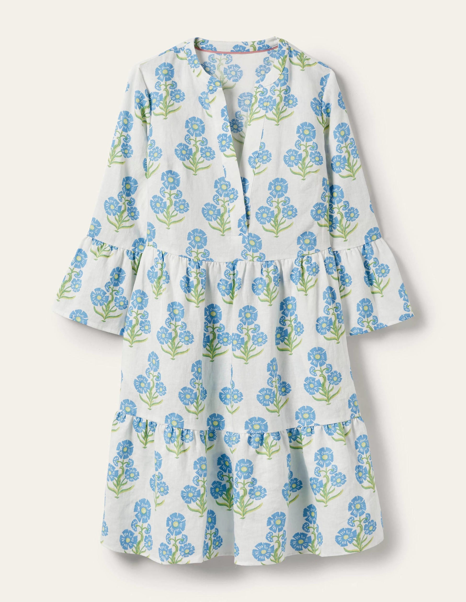 Robe décontractée en lin à volant-Motif floral xylographique bleu Bahamas-5