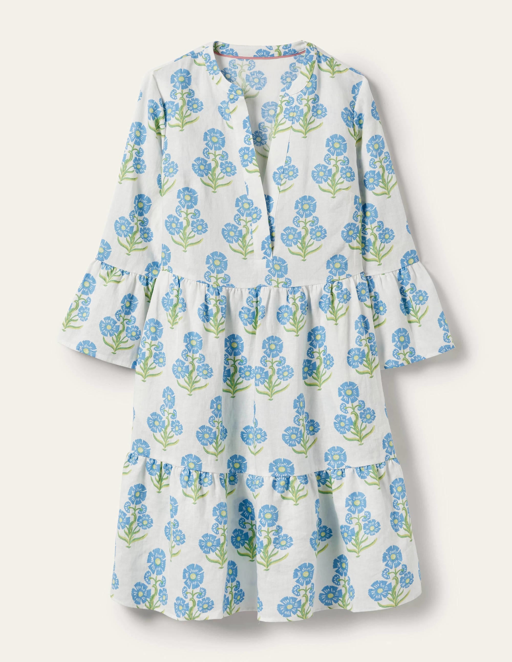 Robe décontractée en lin à volant-Motif floral xylographique bleu Bahamas - Image 5