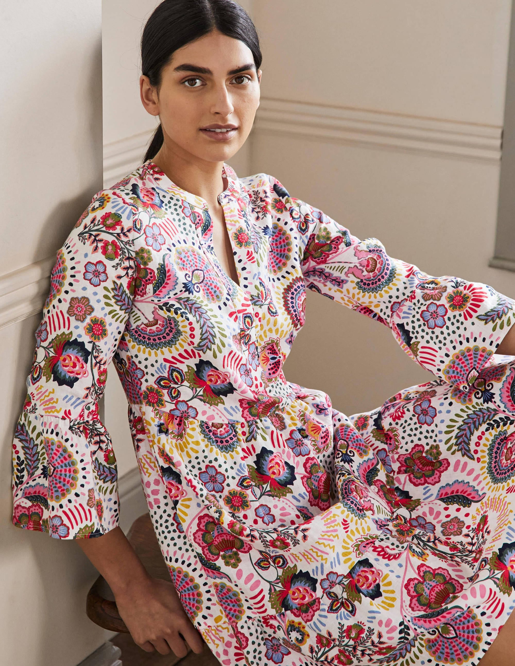Lässiges Stufenkleid aus Leinen-Bunt, Dekoratives Wiesenmuster - Image 4