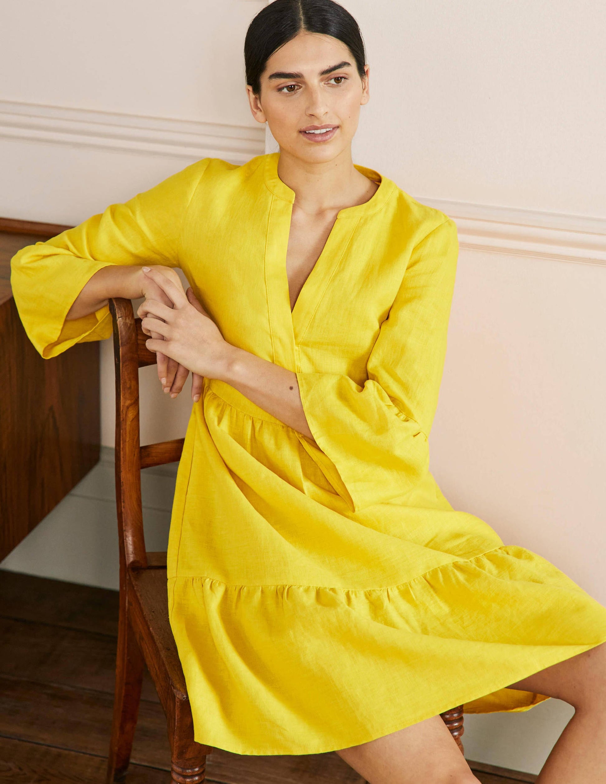 Robe décontractée en lin à volant-Citron pétillant-4