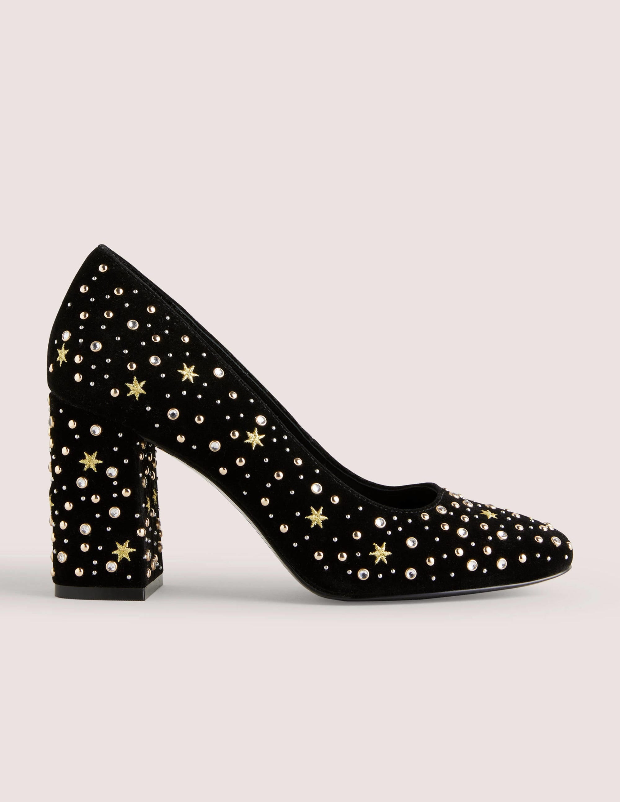 Embroidered Block Heel Courts-Black - Image 1