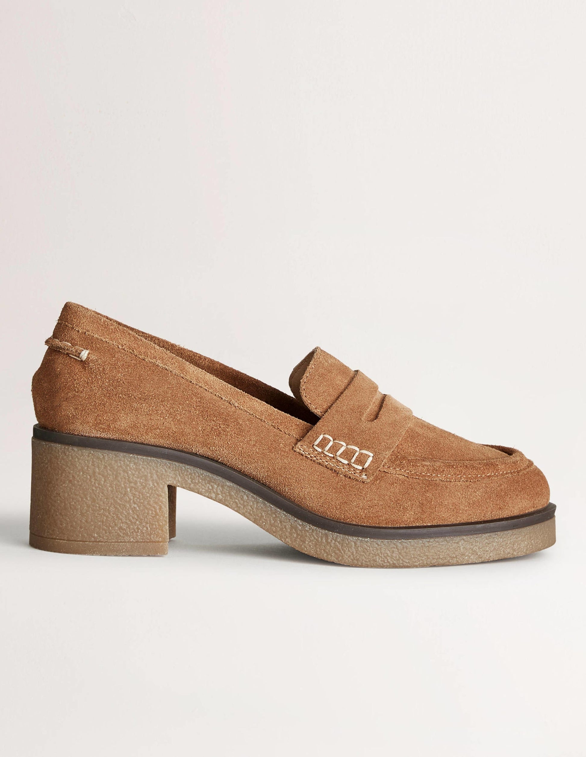 Crepe Sole Heeled Loafers-Golden Brown Suede-1