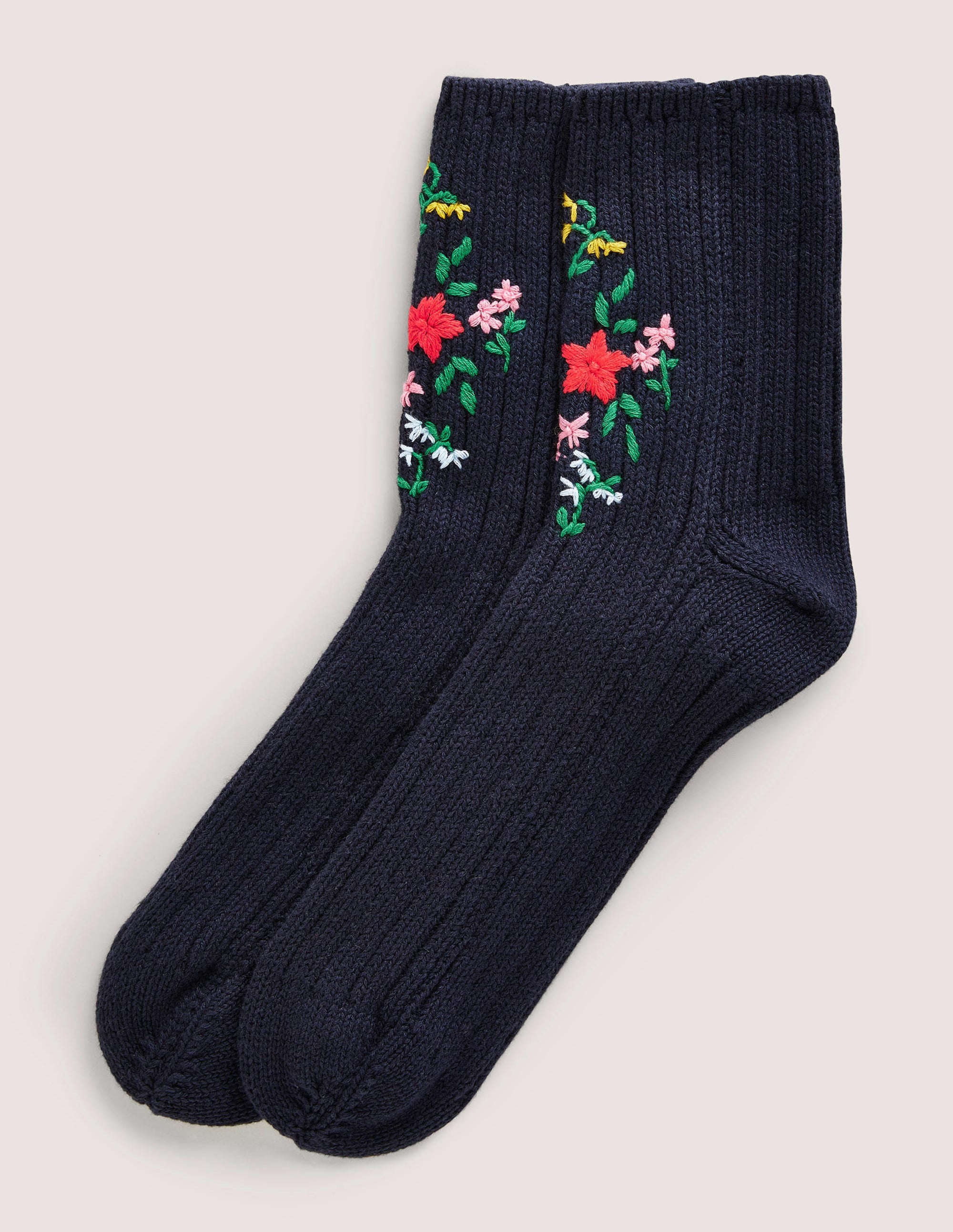 Embroidered Bed Socks-Navy - Image 1