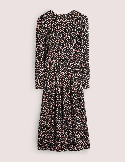 Robe midi en jersey à manches bouffantes-Noir, motif Falling Bud