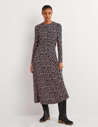 Puff Sleeve Jersey Midi Dress-Black, Falling Bud