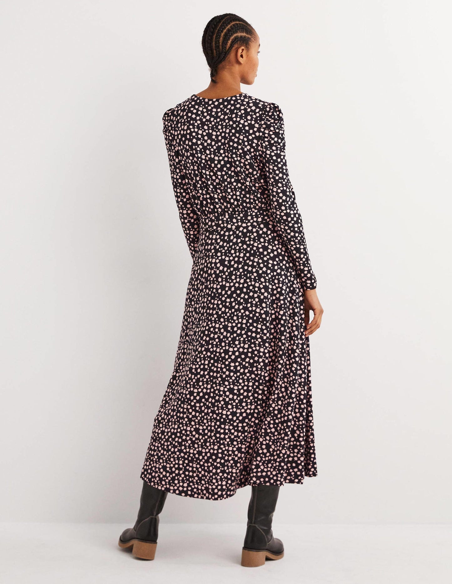 Puff Sleeve Jersey Midi Dress-Black, Falling Bud