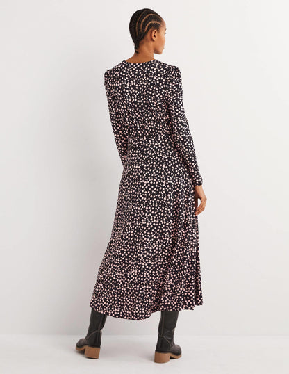 Robe midi en jersey à manches bouffantes-Noir, motif Falling Bud