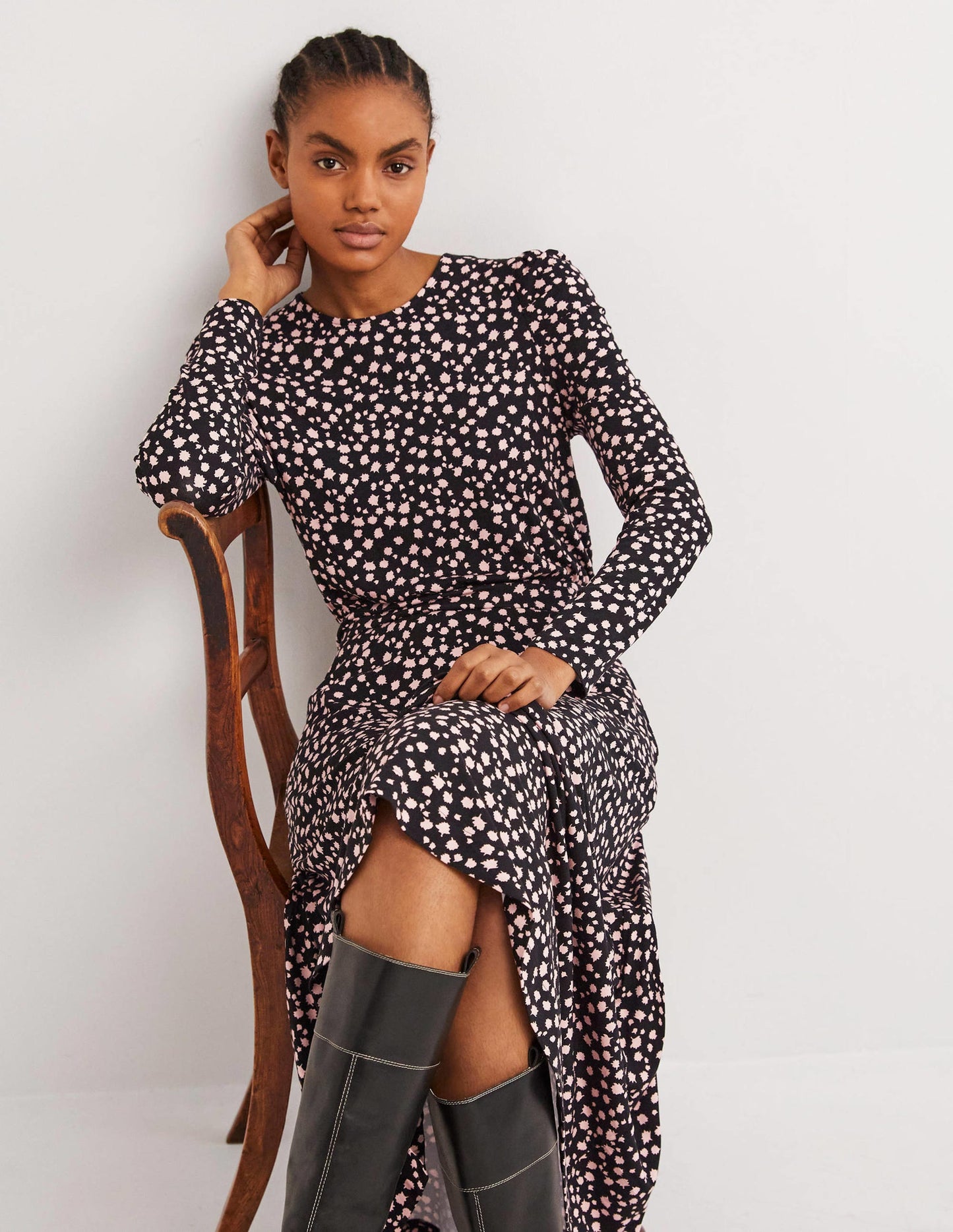 Puff Sleeve Jersey Midi Dress-Black, Falling Bud