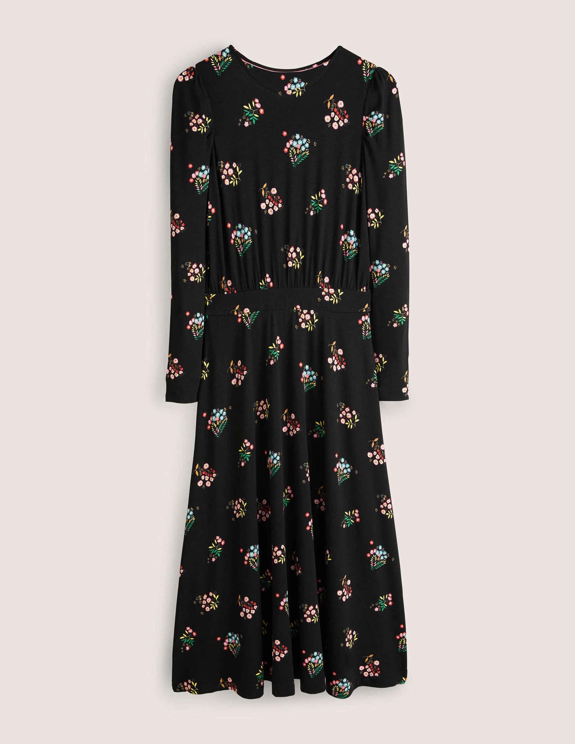 Puff Sleeve Jersey Midi Dress-Black, Delicate Sprig-5