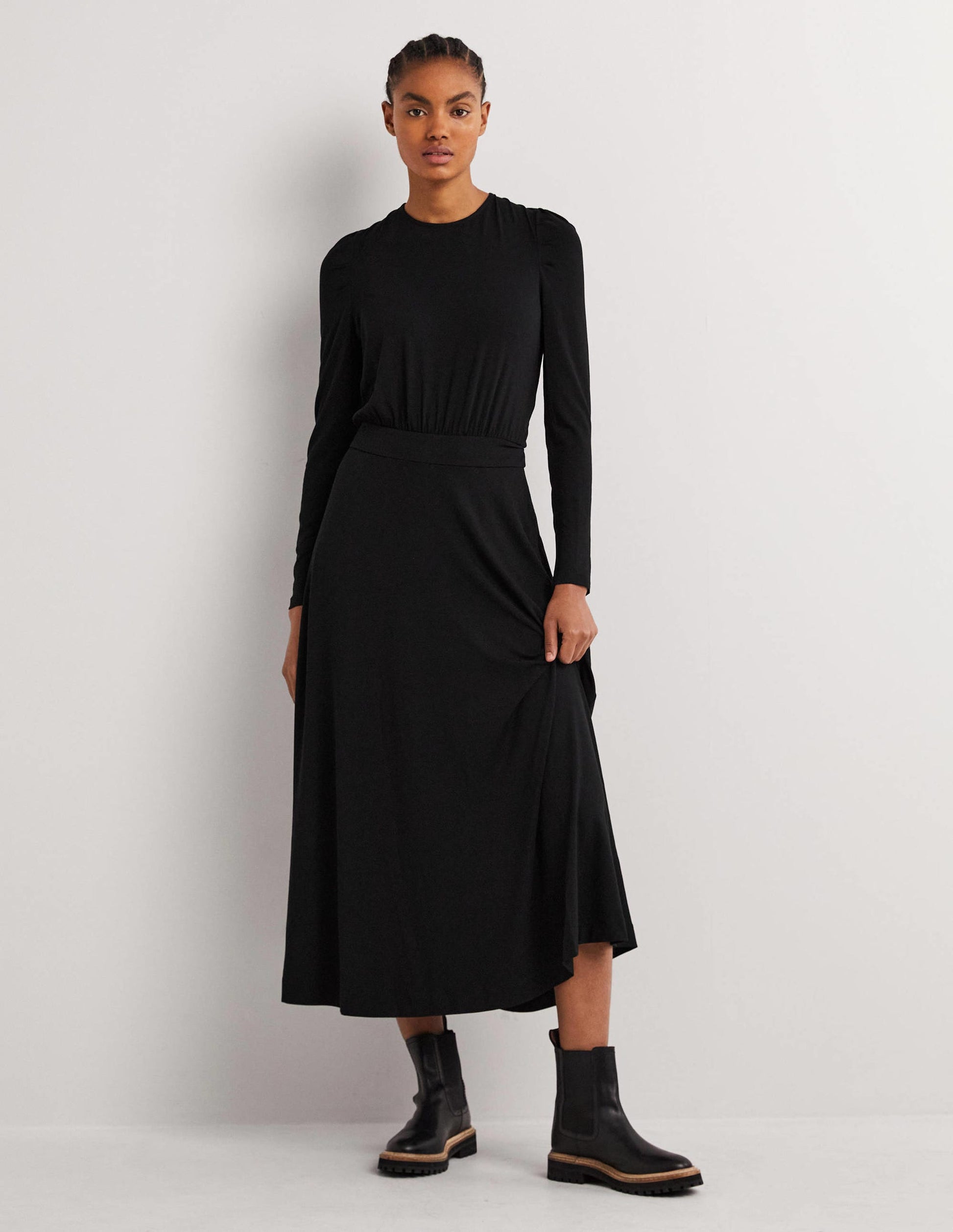 Puff Sleeve Jersey Midi Dress-Black-1