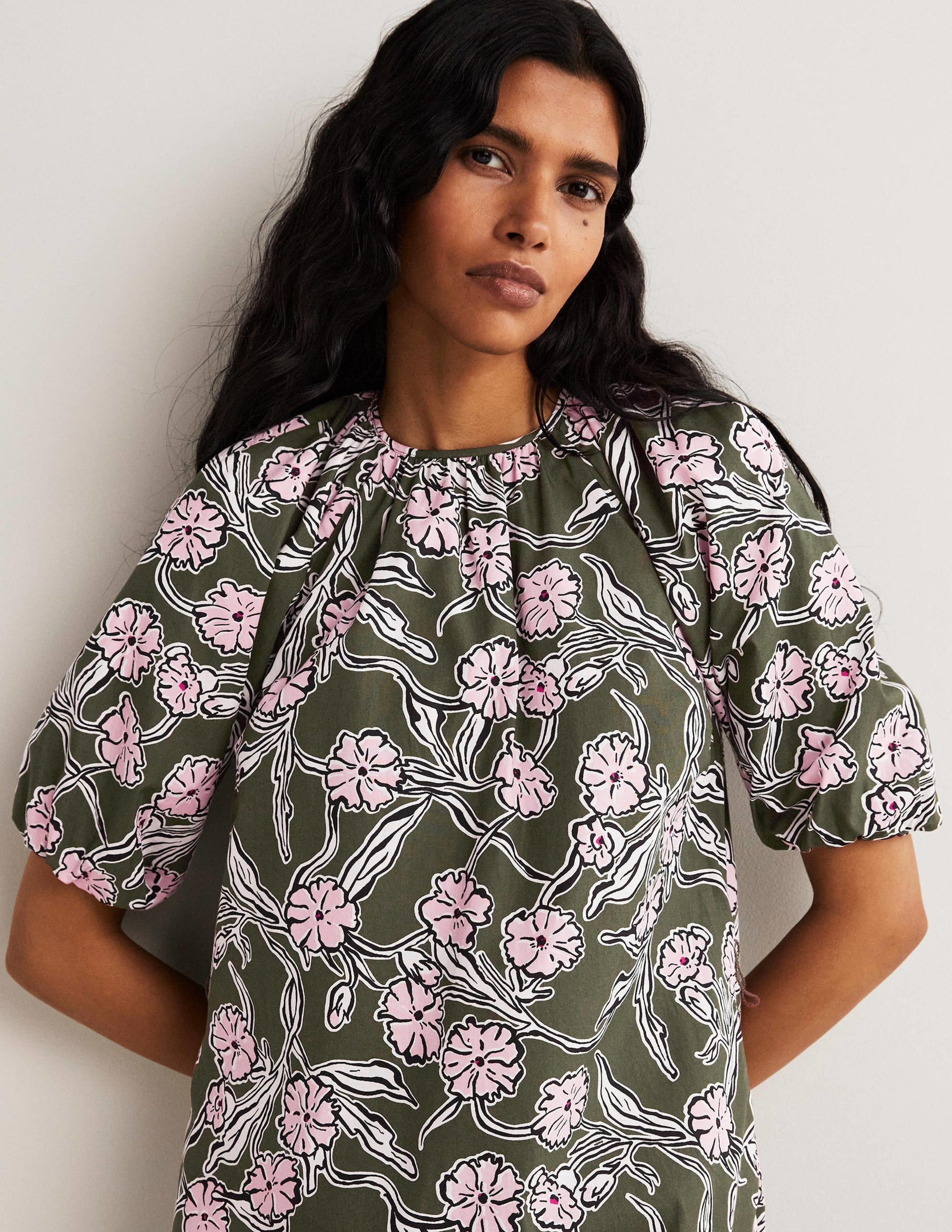 Puff Sleeve Column Midi Dress-Basil, Petal Vine-2