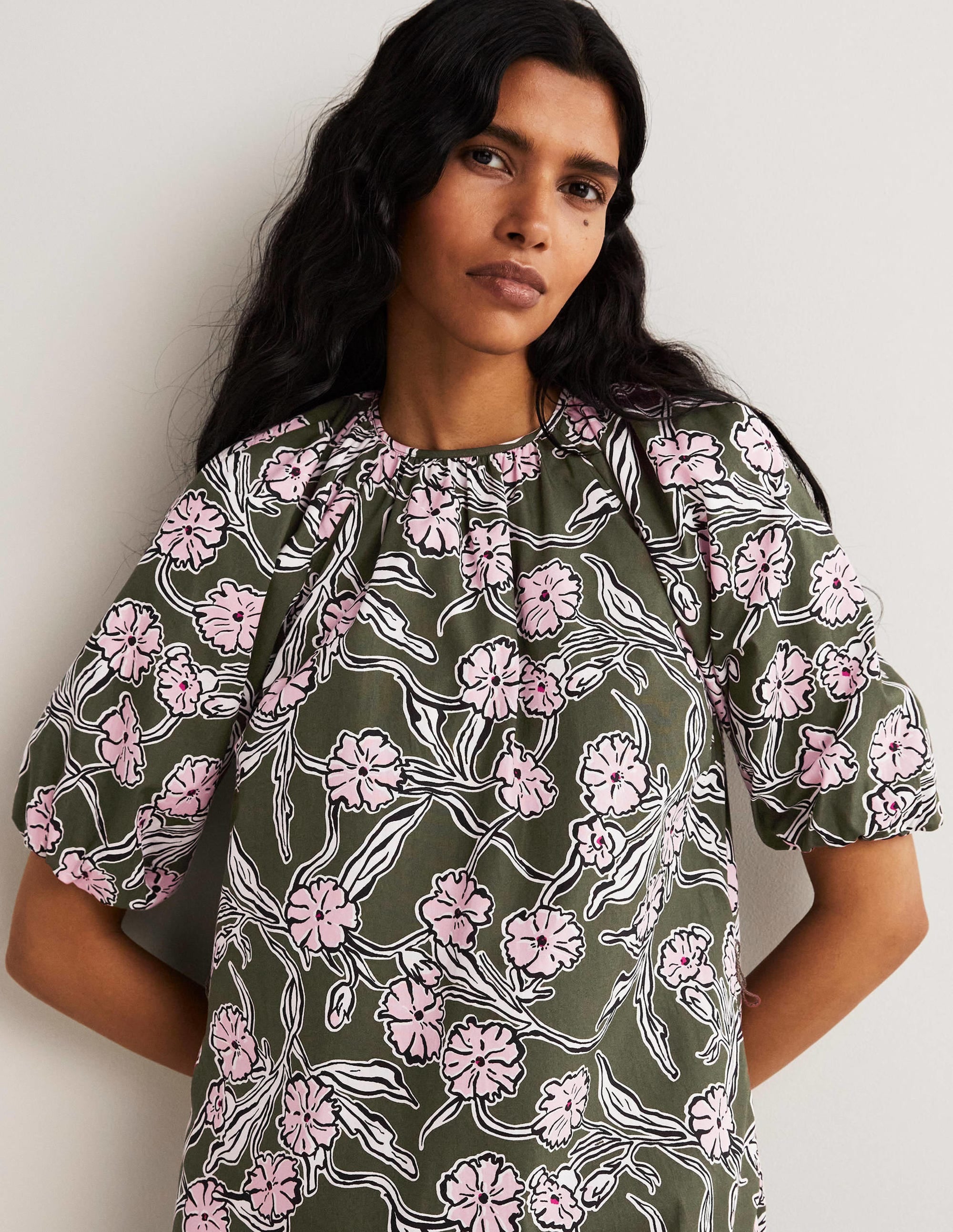 Puff Sleeve Column Midi Dress-Basil, Petal Vine - Image 2