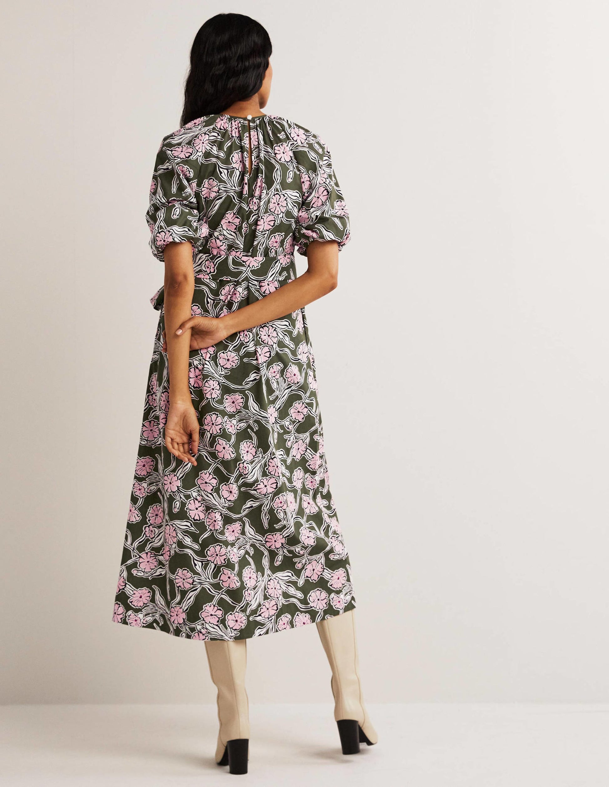 Puff Sleeve Column Midi Dress-Basil, Petal Vine-3