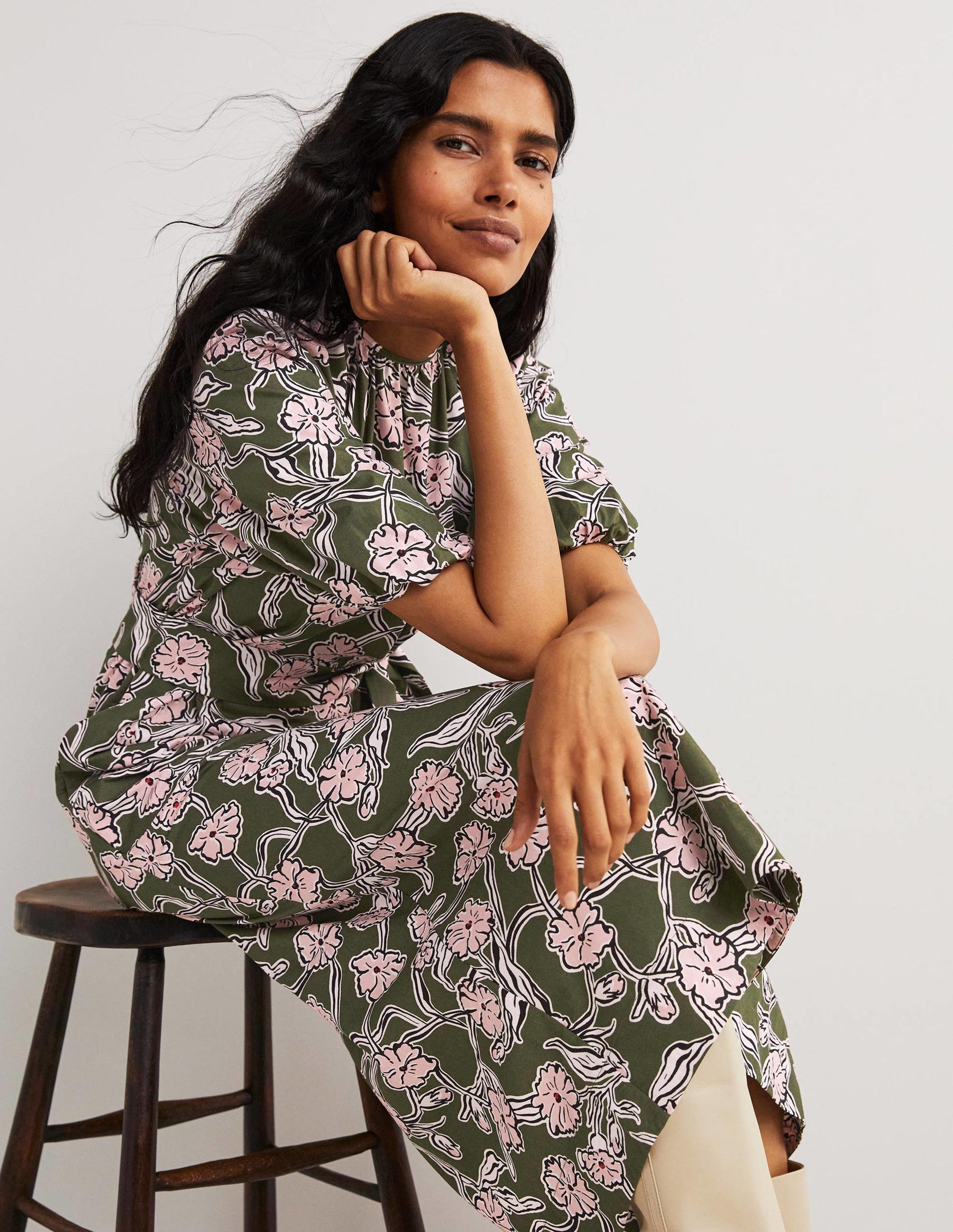 Puff Sleeve Column Midi Dress-Basil, Petal Vine-5